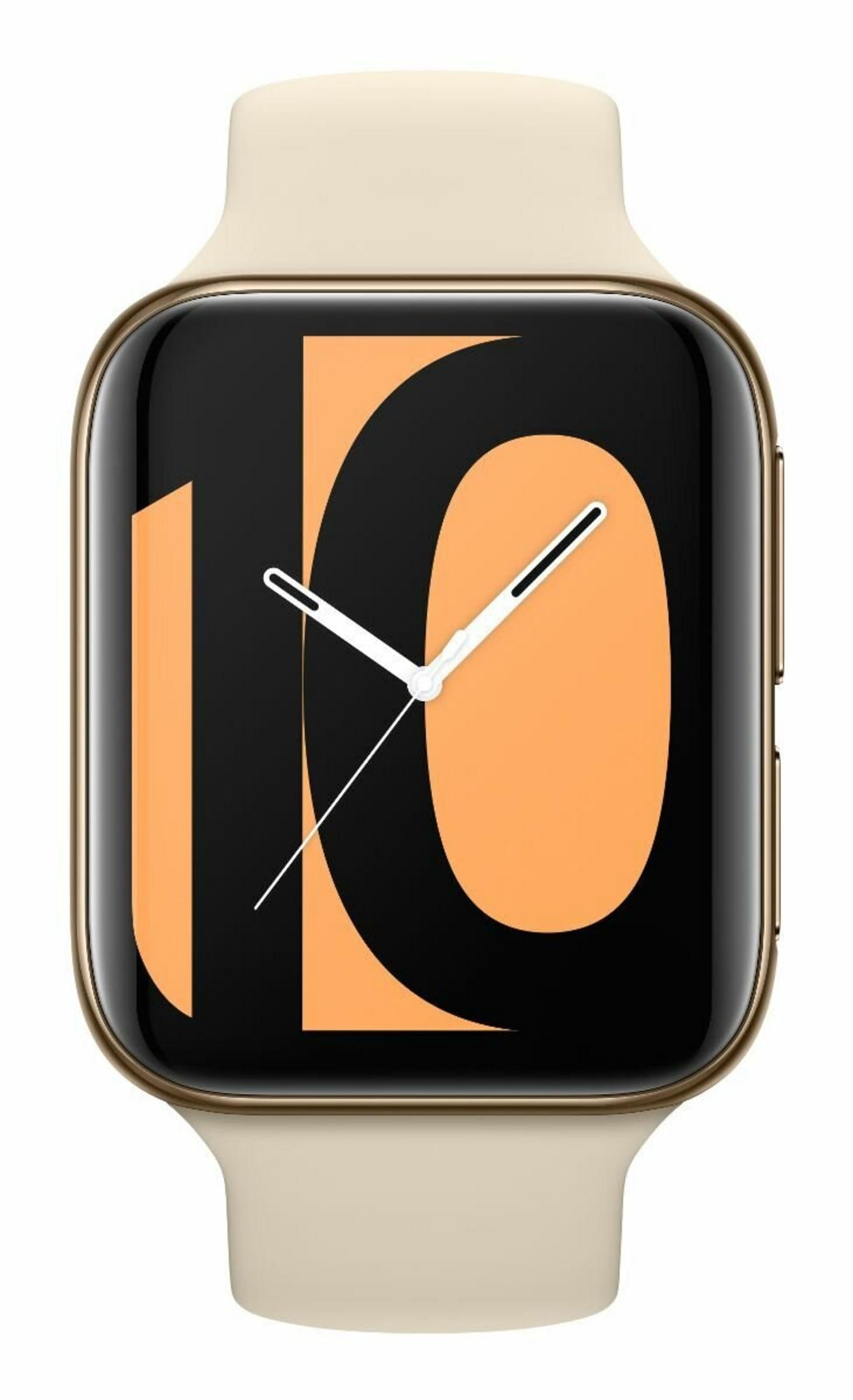 Eine cremefarbene Smartwatch zeigt die Zahl 10 in Schwarz und Orange. Die Zeiger sind weiß.