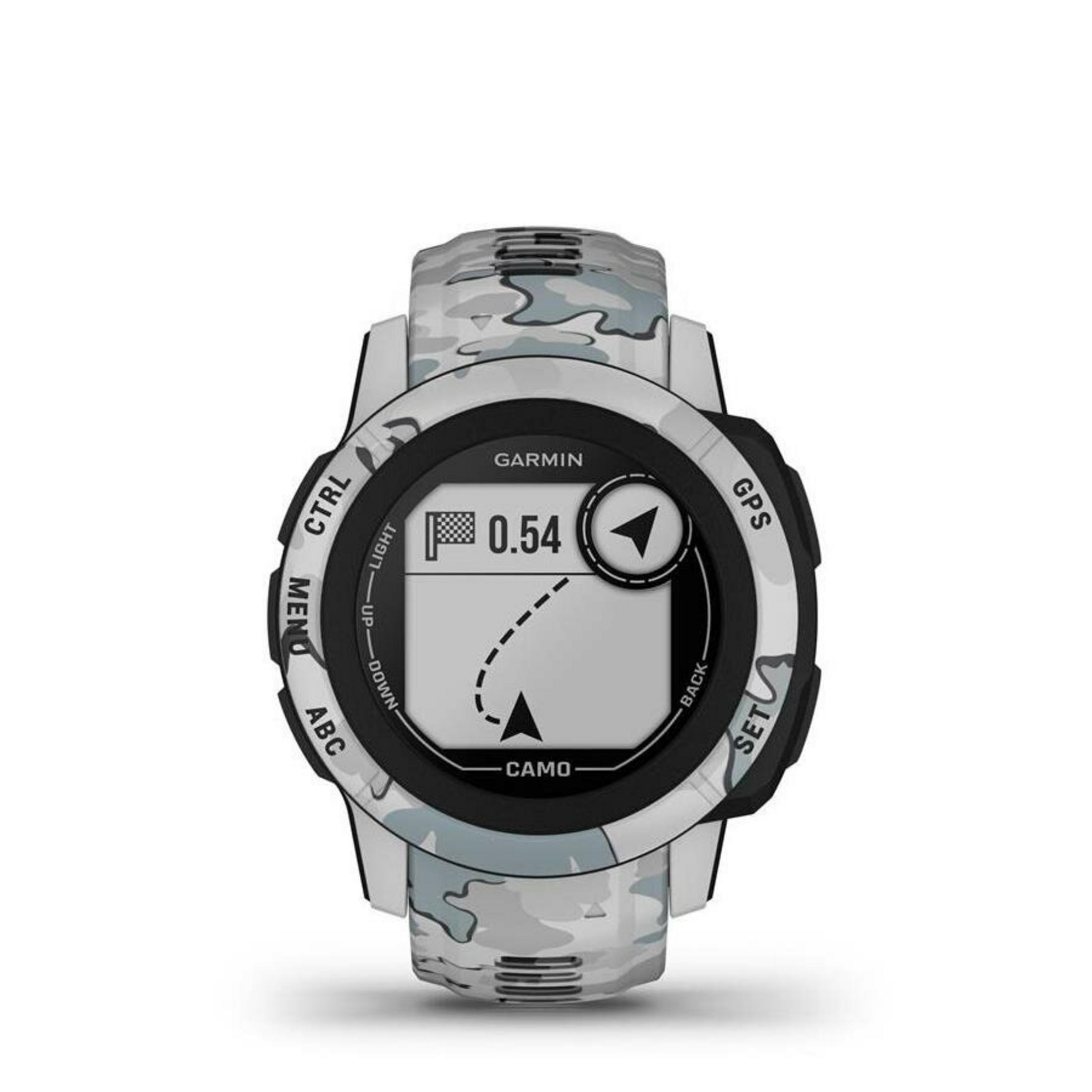 Zegarek Garmin z kamuflażowym paskiem wyświetla dane na ekranie. Przyciski są oznaczone CTRL, MENU, ABC, GPS i SET.