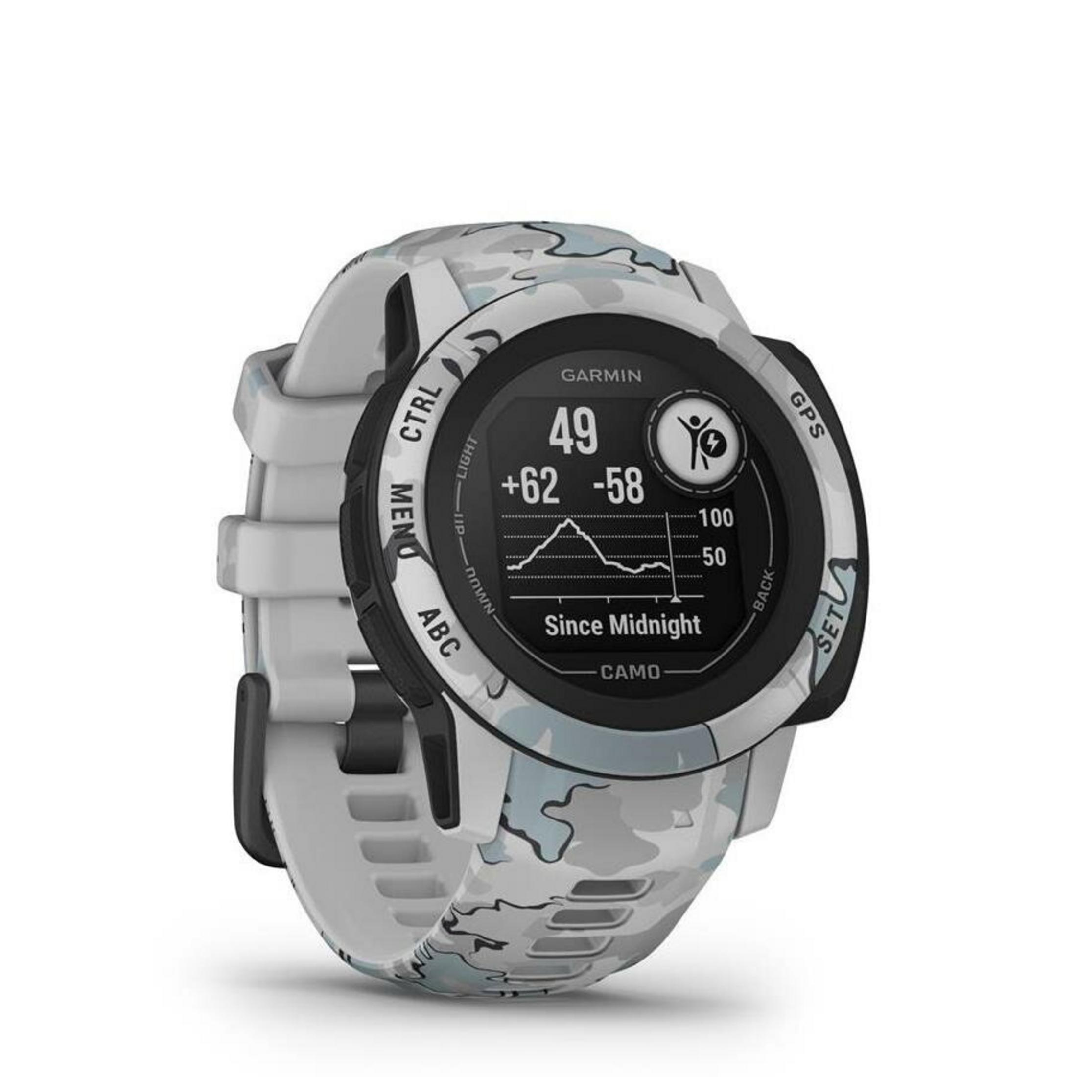 Zegarek Garmin Instinct z białym paskiem moro wyświetla dane na ekranie. Zegarek ma czarne przyciski i okrągły wyświetlacz.