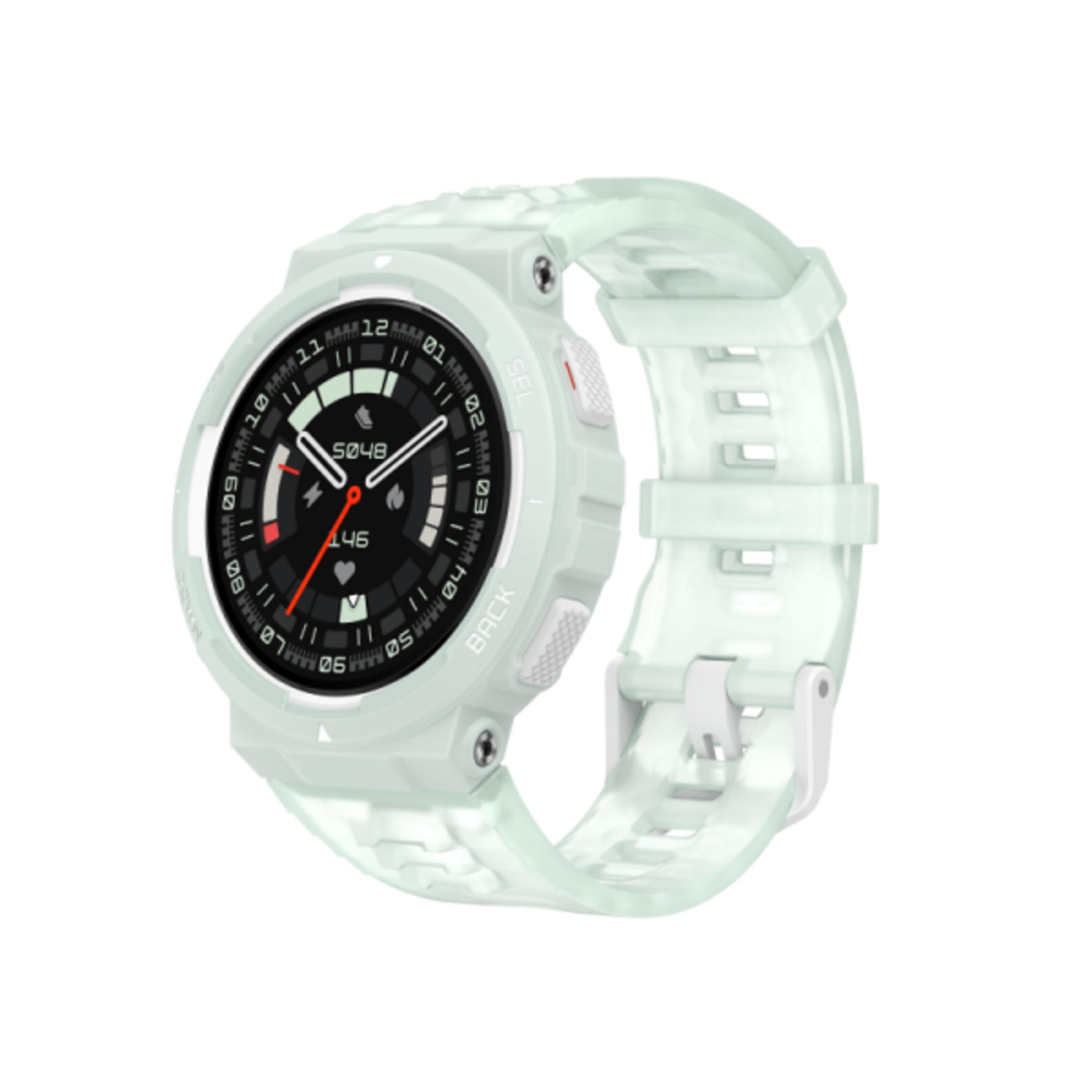 Eine mintgrüne Smartwatch mit schwarzem Display, das Daten anzeigt, und einem passenden Armband.