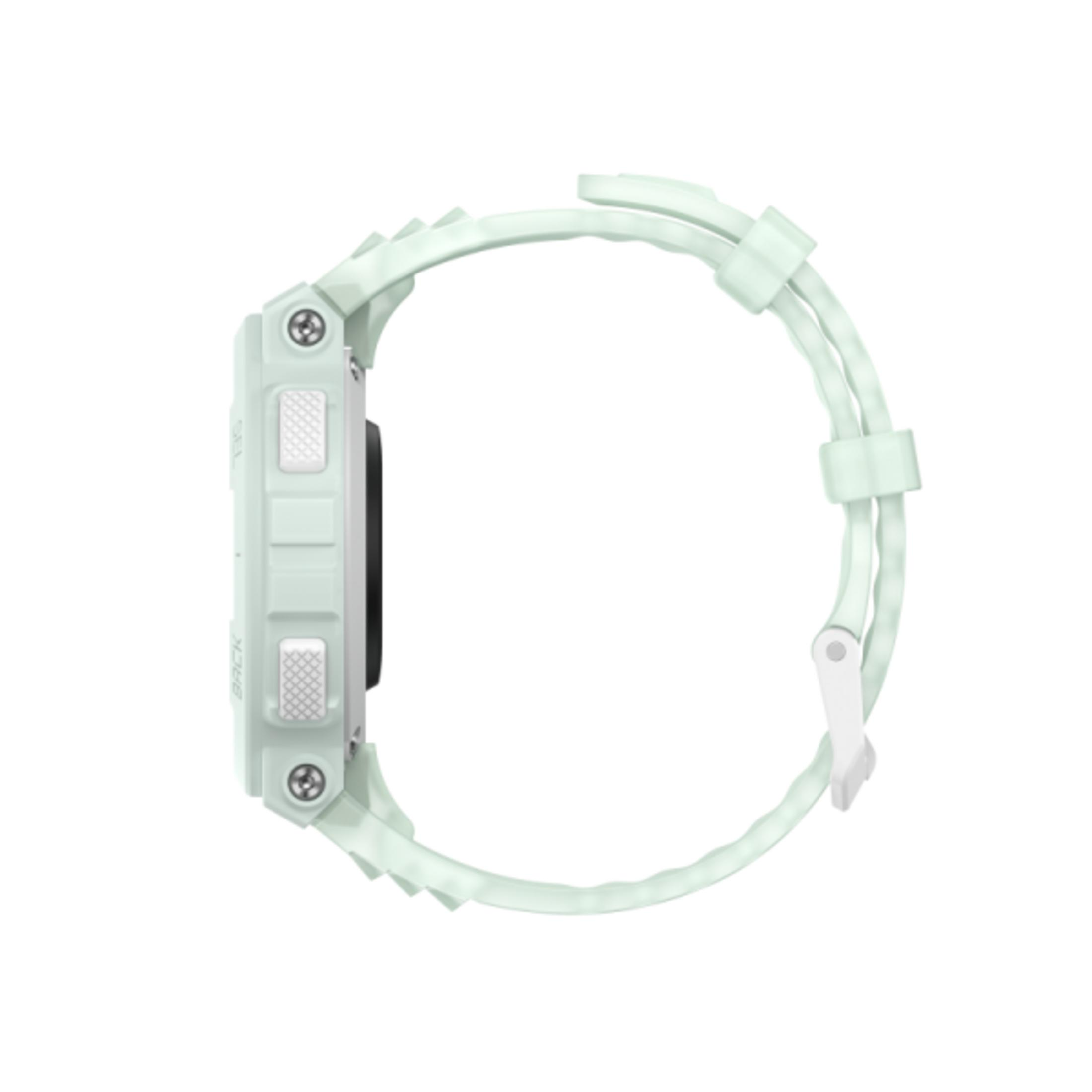 Seitenansicht einer mintgrünen Smartwatch mit schwarzem Bildschirm und weißen Knöpfen auf weißem Hintergrund.