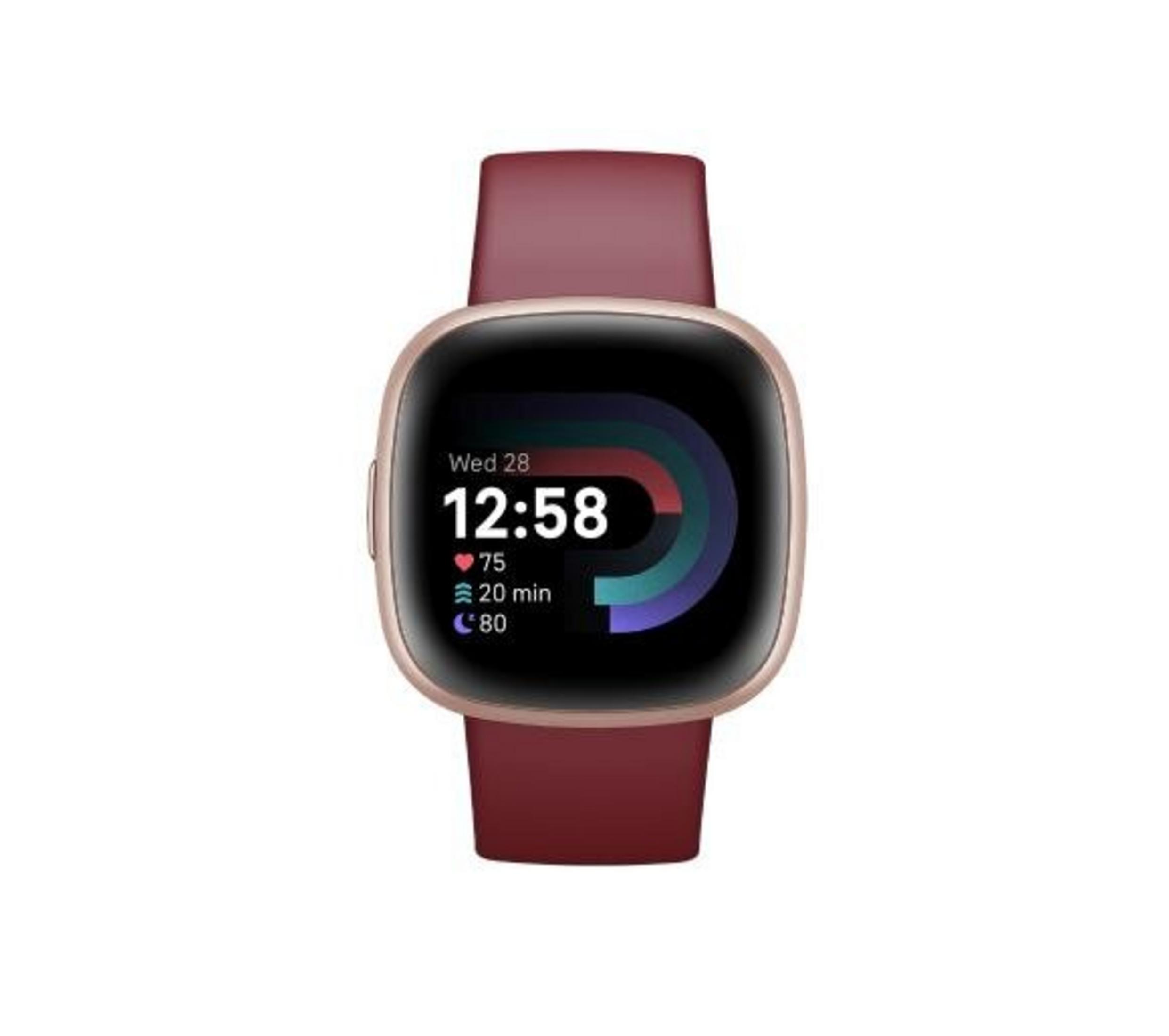 Die Smartwatch zeigt Zeit, Datum, Herzfrequenz und Aktivitätsdaten an. Sie hat ein weinrotes Armband und einen goldfarbenen Rahmen.