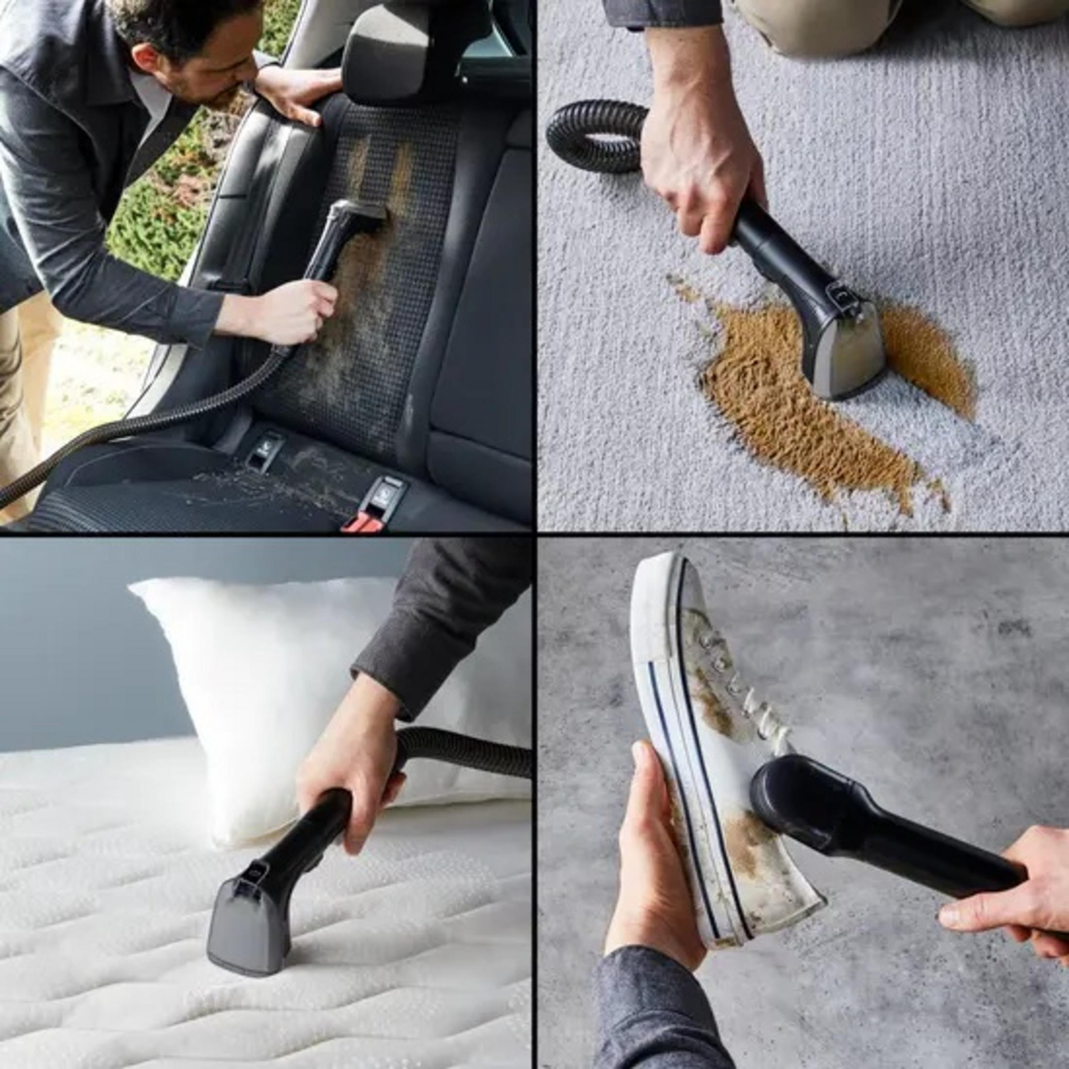 Quattro immagini mostrano la pulizia. Un sedile per auto, un tappeto, un materasso e una scarpa vengono puliti con un accessorio nero per aspirapolvere.