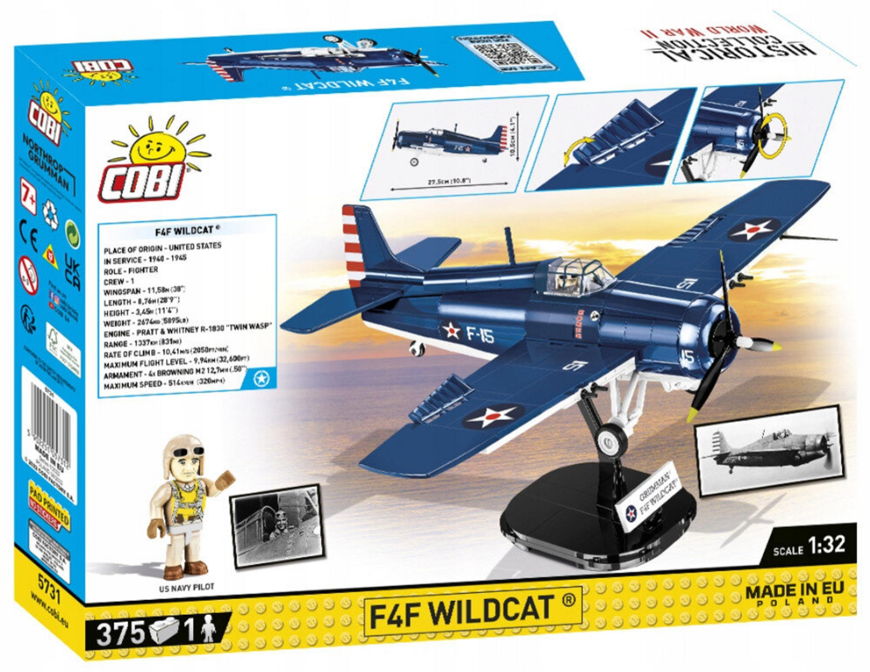 Ciemnoniebieski model F4F Wildcat na podstawce. Pudełko zawiera specyfikacje samolotu i figurkę pilota.