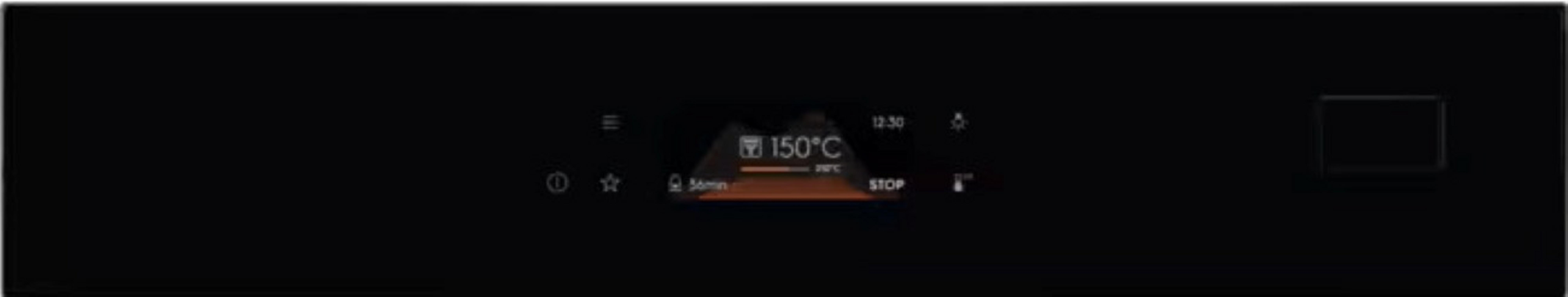 Pannello di controllo nero del forno con display digitale che mostra 150°C e timer. Icone orologio e impostazioni.
