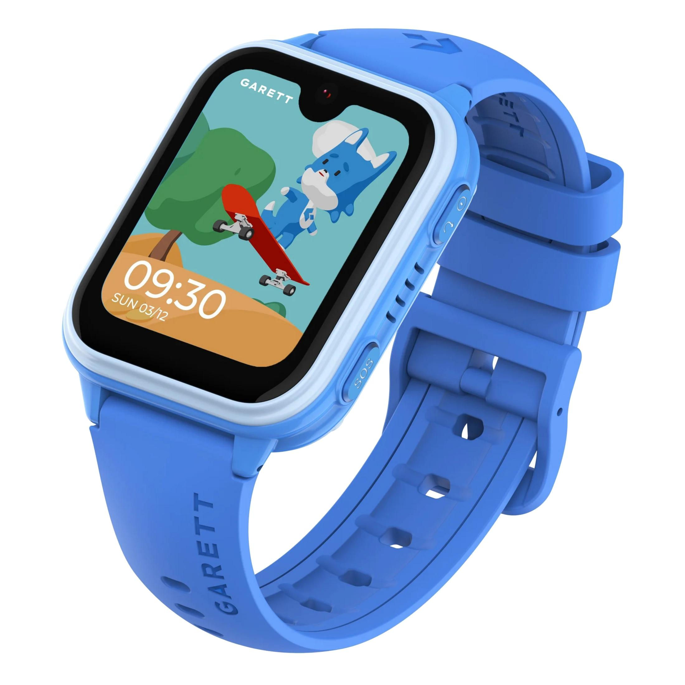 Smartwatch blu con display a cartoni animati. Mostra una volpe dei cartoni animati sullo skateboard, l'ora 09:30 e il marchio GARETT.