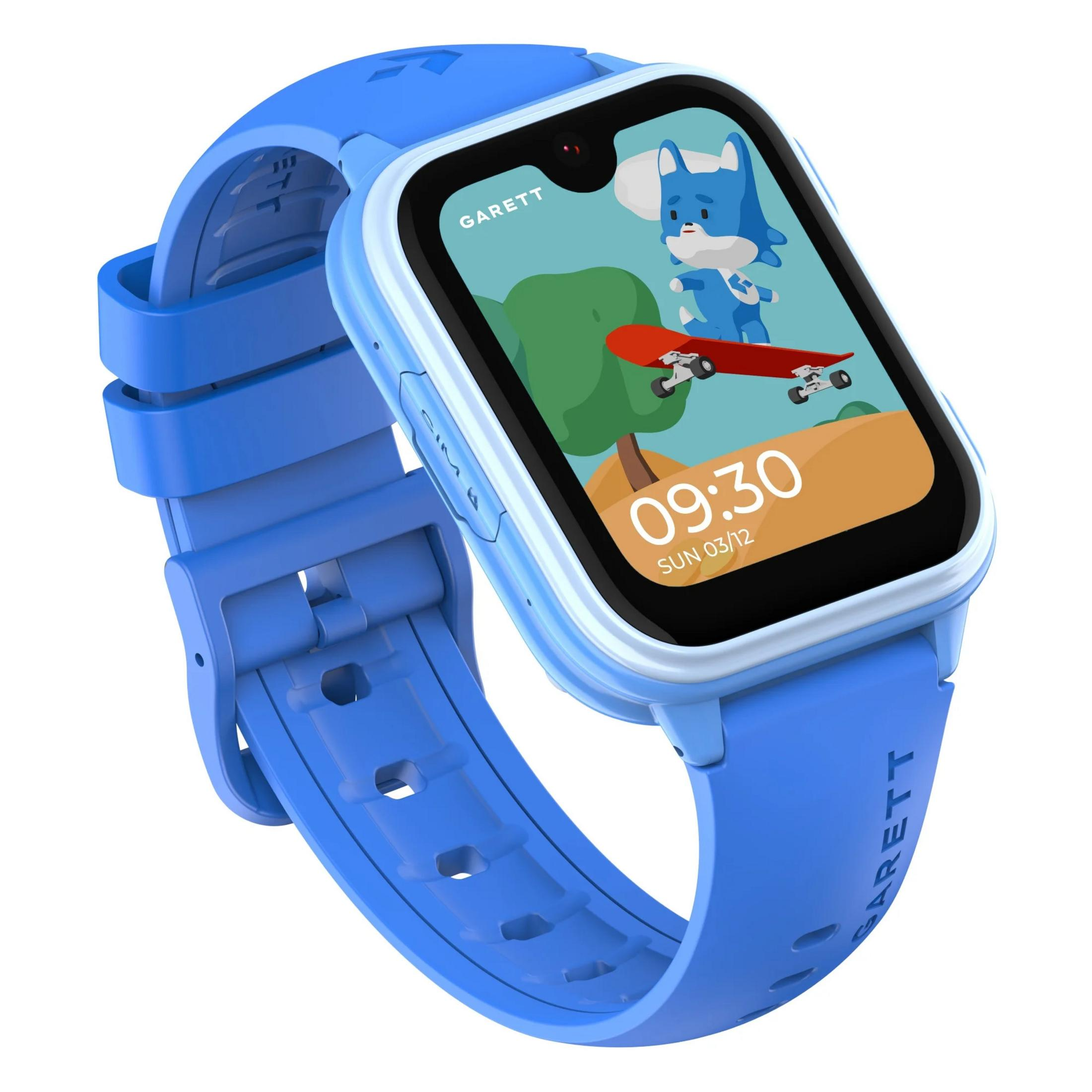 Smartwatch blu con schermo che mostra una volpe dei cartoni animati e uno skateboard, ora 09:30. Il marchio è Garett.