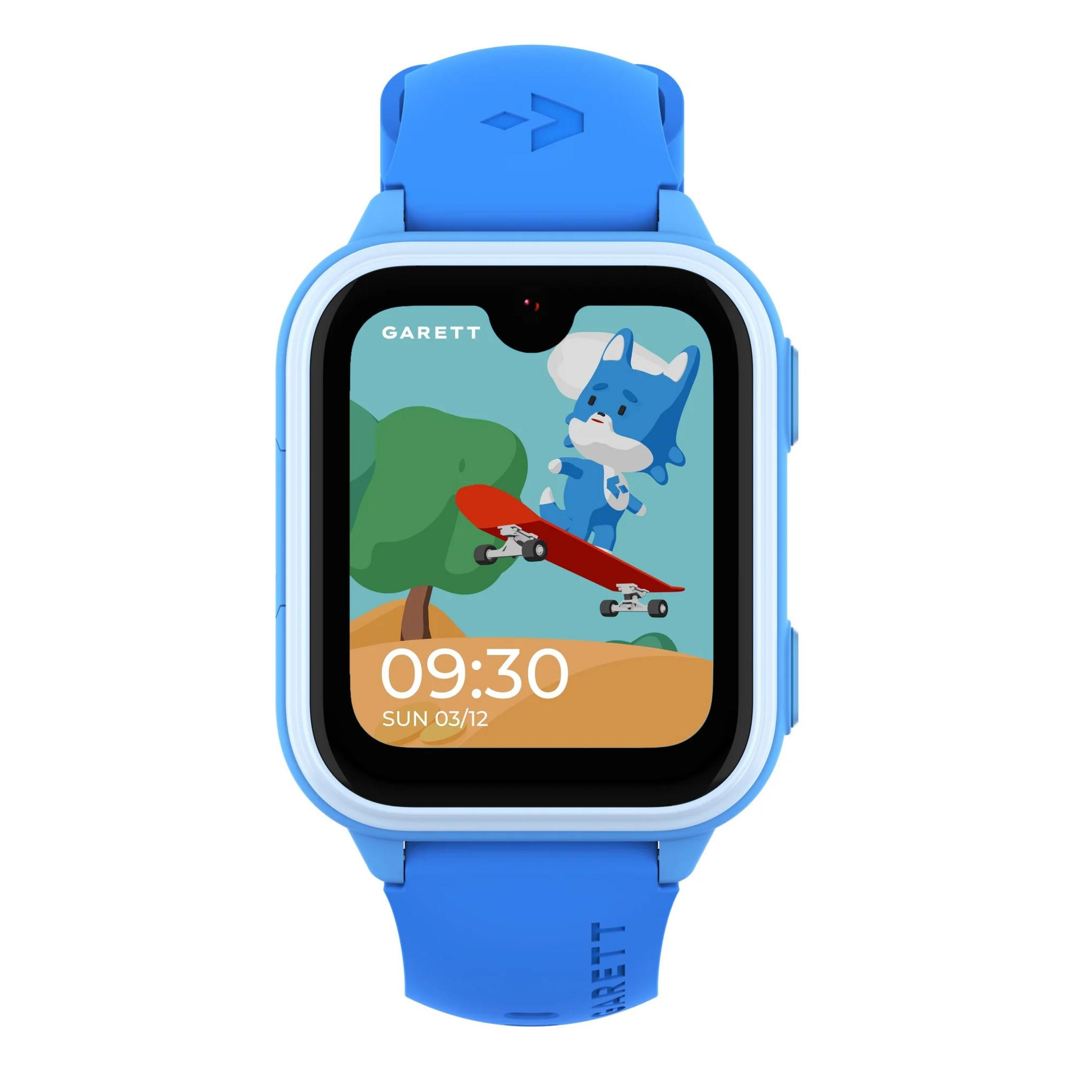 Uno smartwatch blu con un cartone animato di una volpe sullo schermo, che mostra ora e data. L'orologio ha un cinturino blu.