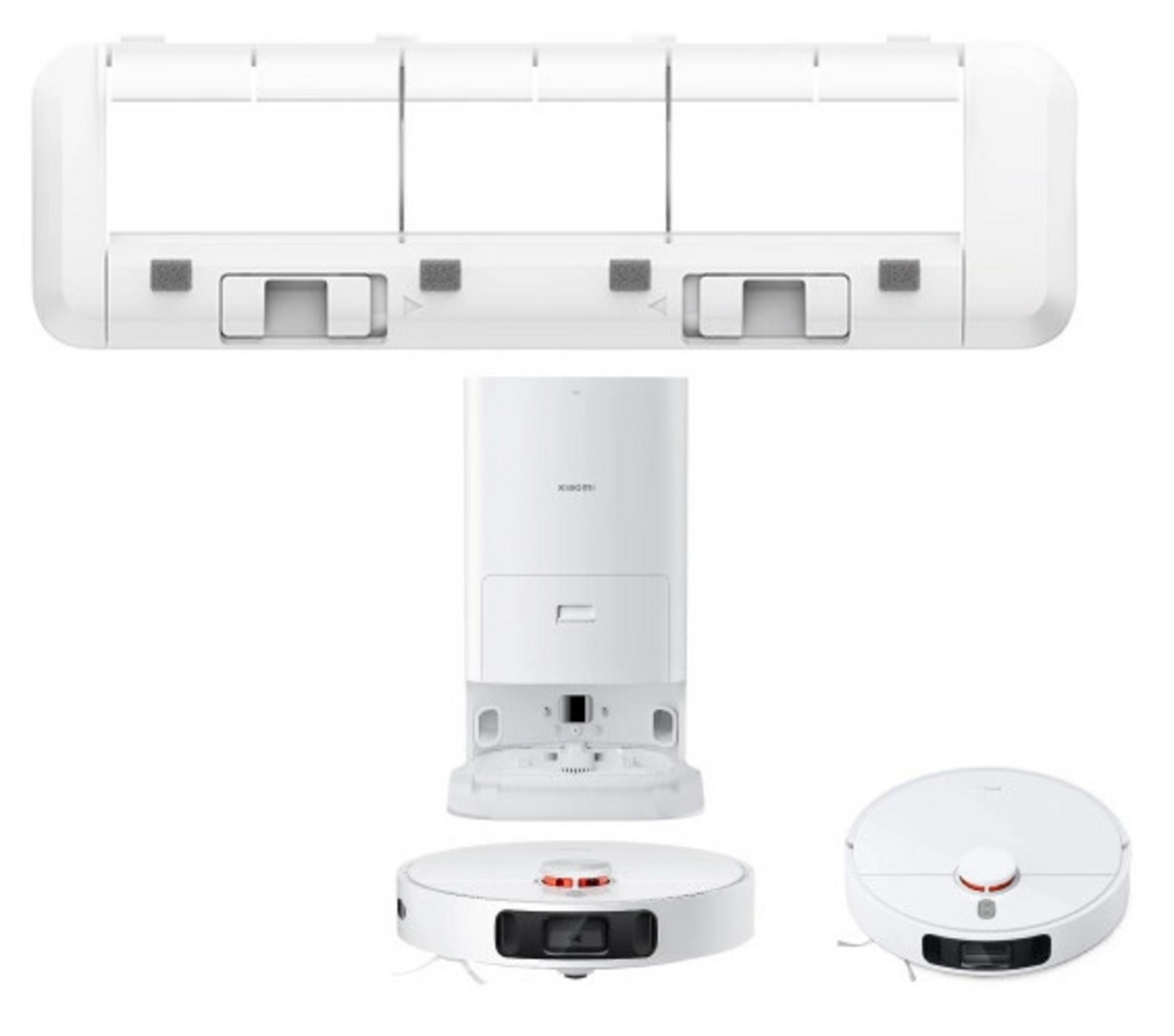 Witte robotstofzuiger en oplaadstation. Componenten zijn onder meer een bovenklep, een basis en twee robotstofzuigers.