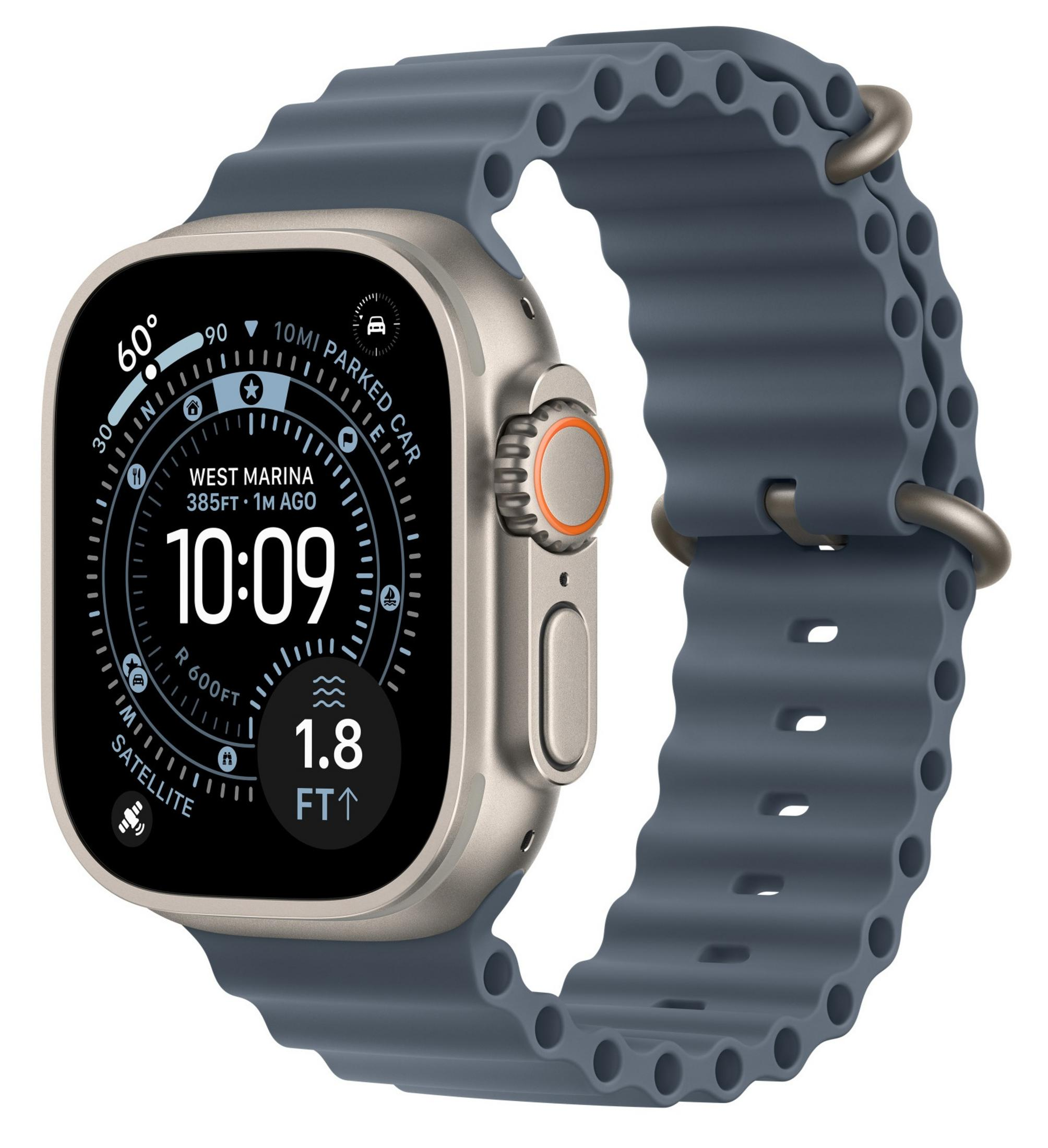Primo piano di uno smartwatch con cinturino blu. Il quadrante mostra ora e altri dati, con lunetta argentata.