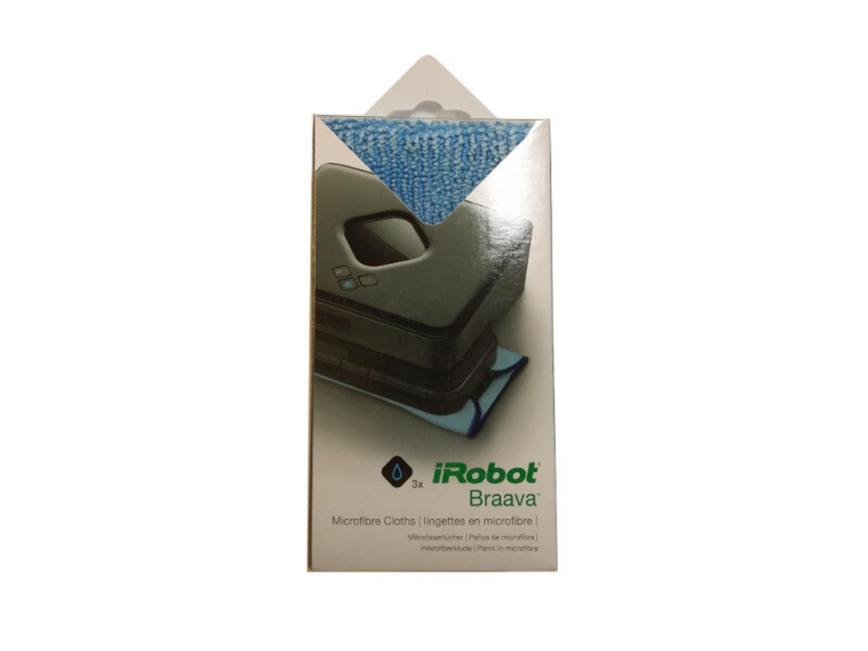 Verpackter iRobot Braava. Die Box zeigt den Roboter, blaue Tücher und das Markenlogo.