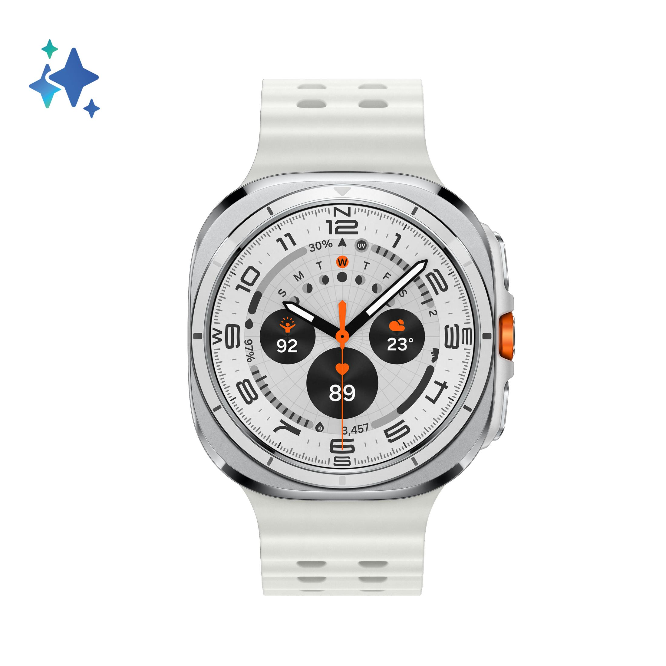 Uno smartwatch bianco con lunetta argentata e cinturino bianco. Il quadrante mostra ora, statistiche e parametri salute.