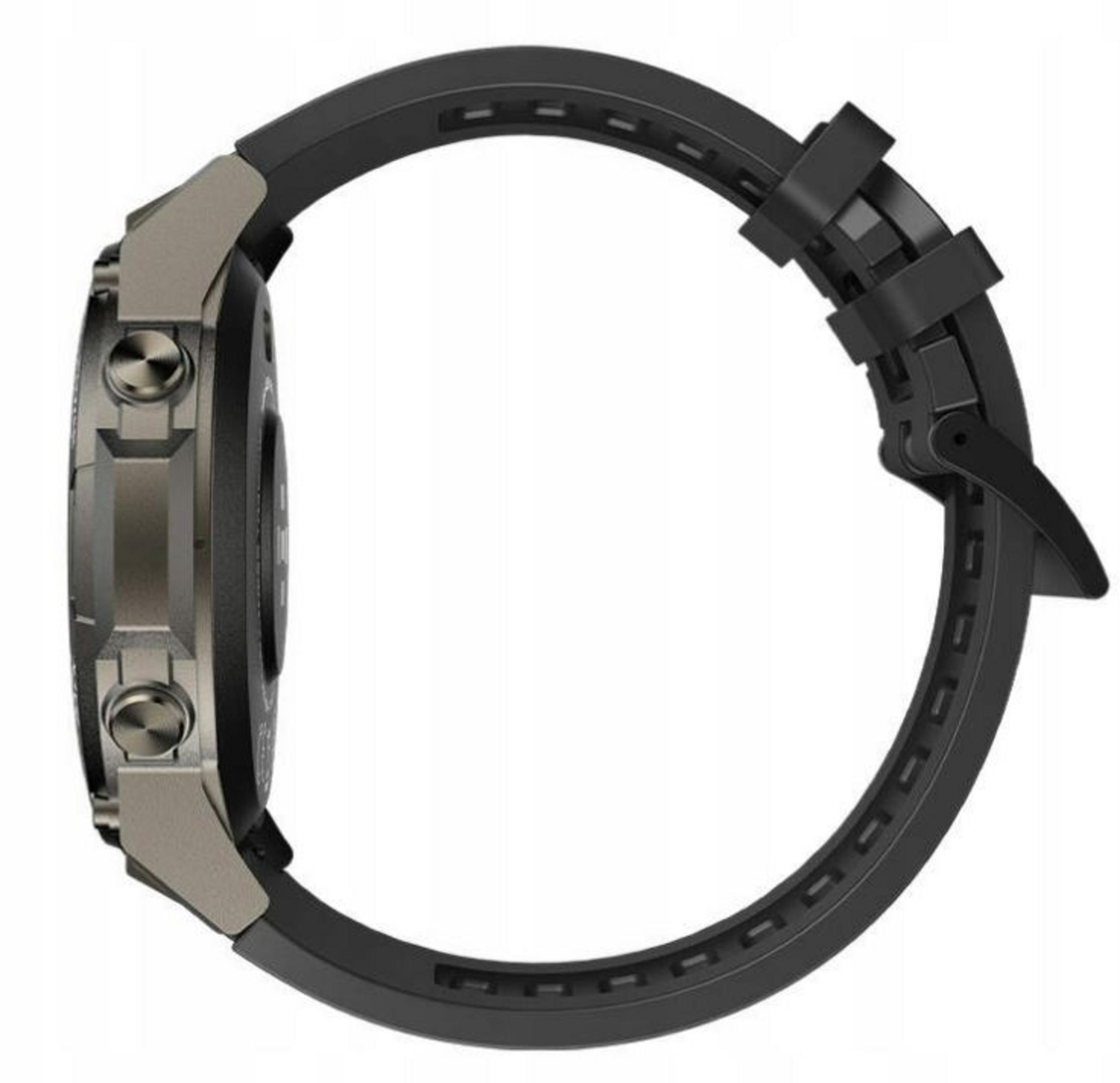 Side view of a smartwatch. It has a black strap and a gray-metal watch face with buttons.
