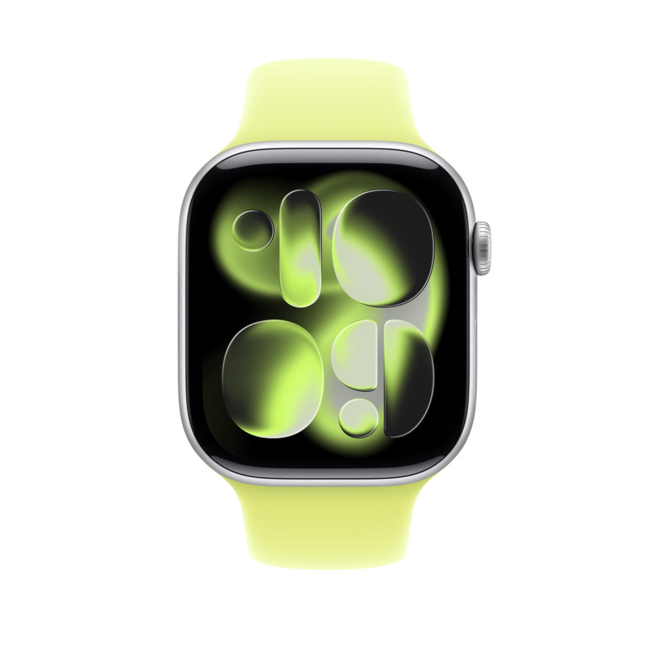 Apple Watch con cinturino giallo. Il quadrante mostra numeri verdi stilizzati su sfondo nero.