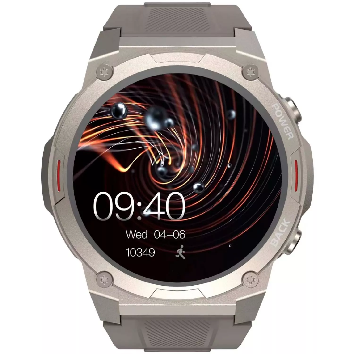 Een grijze smartwatch toont 09:40 op een wervelende oranje en zwarte achtergrond. Toont datum, stappen en heeft knoppen.