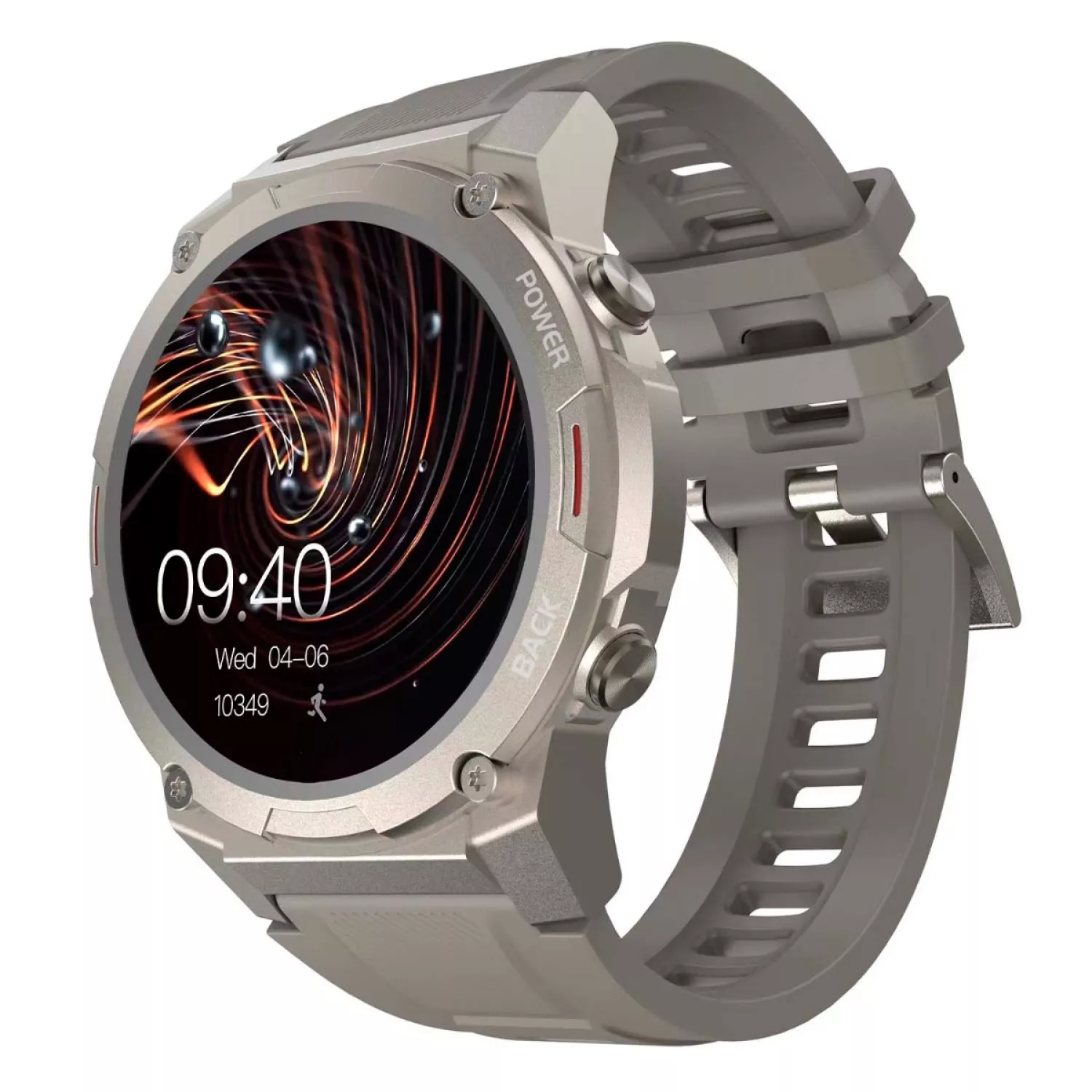 Een zilveren smartwatch met een grijze band. Het scherm toont tijd en fitnessgegevens. Knoppen aan de zijkant.