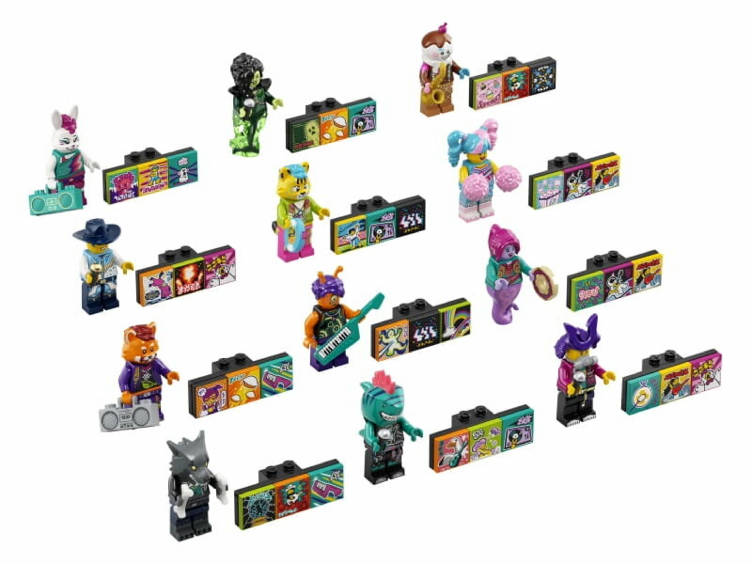 Lego-Minifiguren: verschiedene Charaktere mit Ghettoblastern und Instrumenten, jedes mit einzigartigem Design, posieren in der Nähe von Albumcovern.