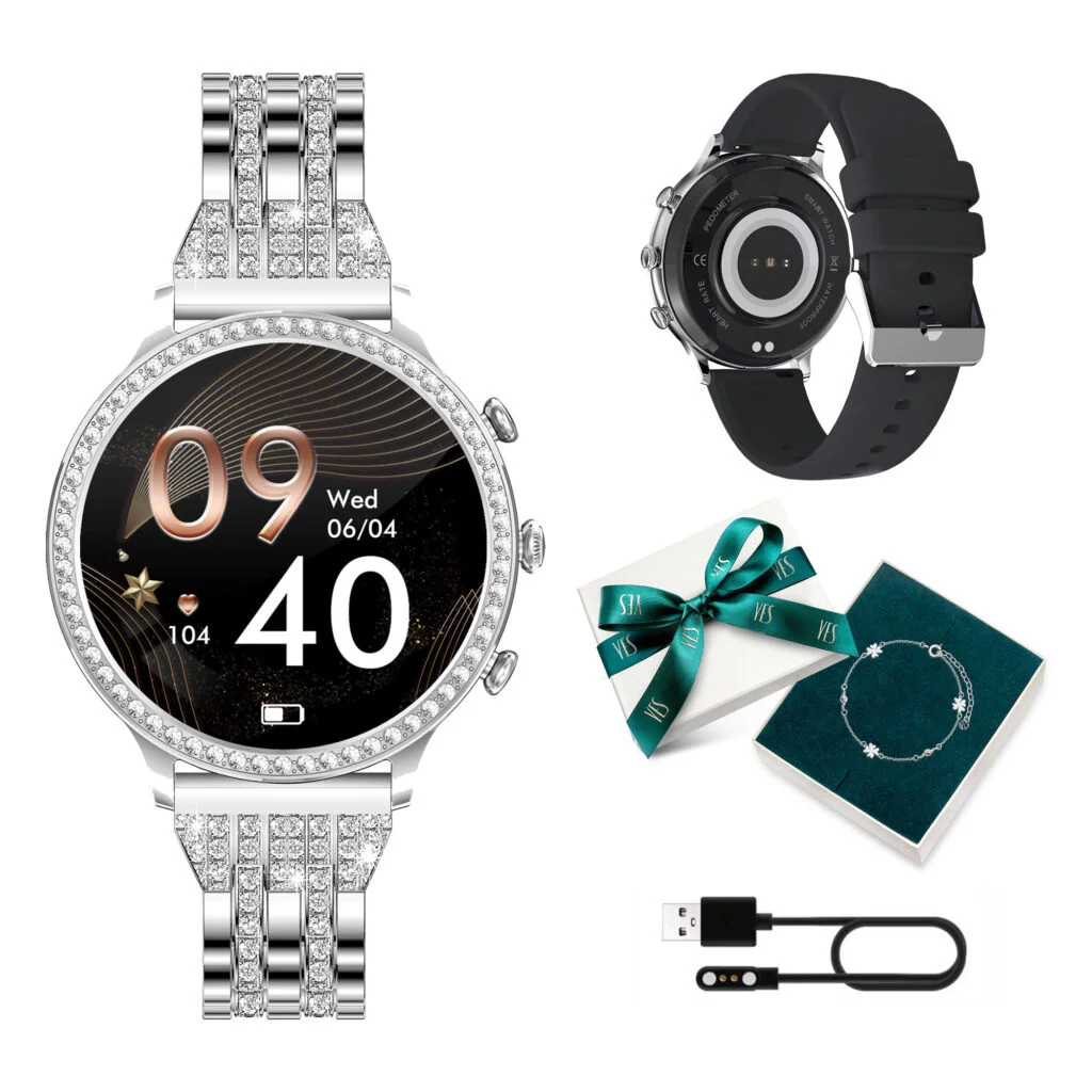 Smartwatch ze srebrną opaską, zegarek z czarnym paskiem, pudełko prezentowe z bransoletką i kabel do ładowania.