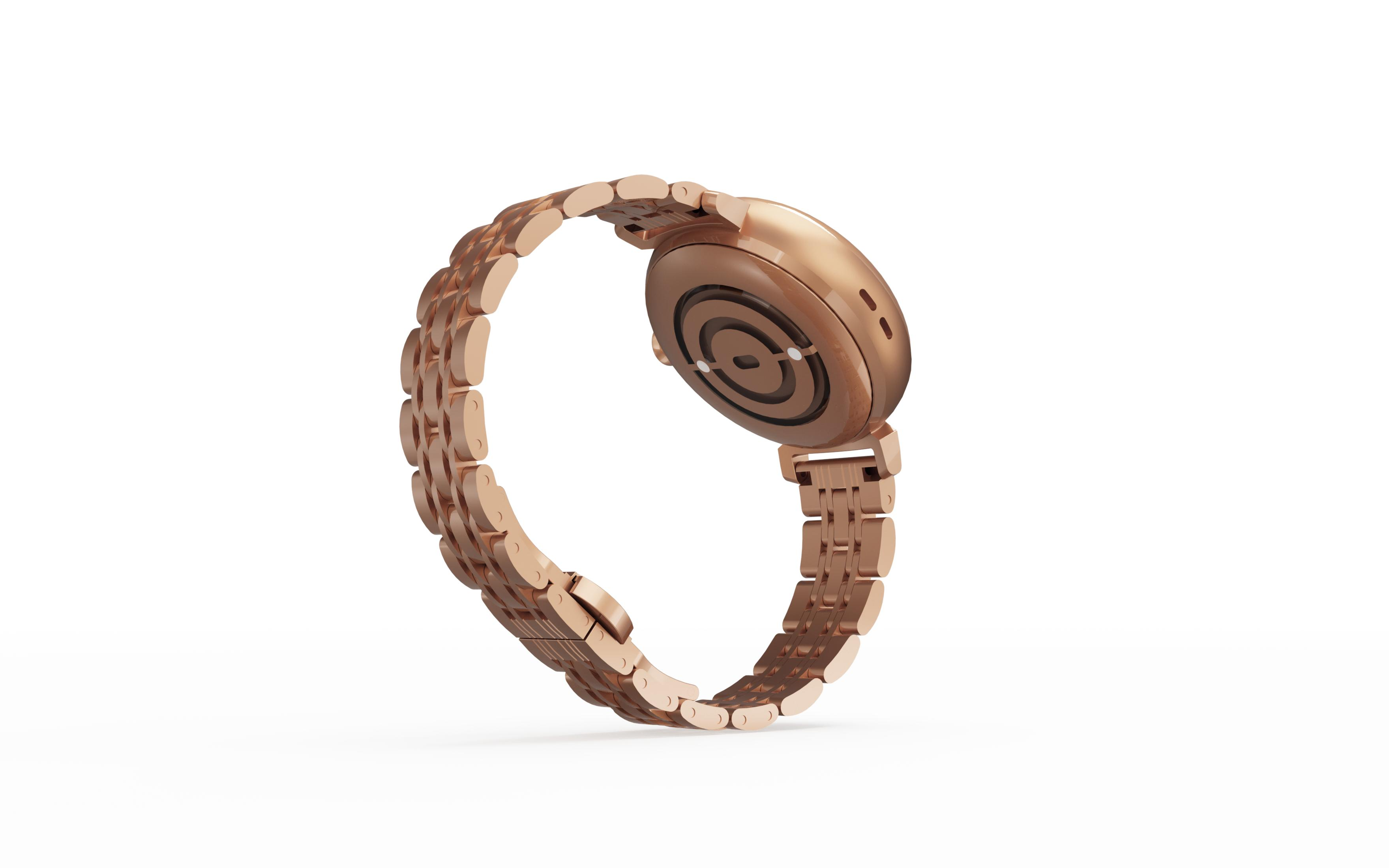 Smartwatch en or rose. Le bracelet forme une boucle. Le cadran est circulaire et a un design centré.