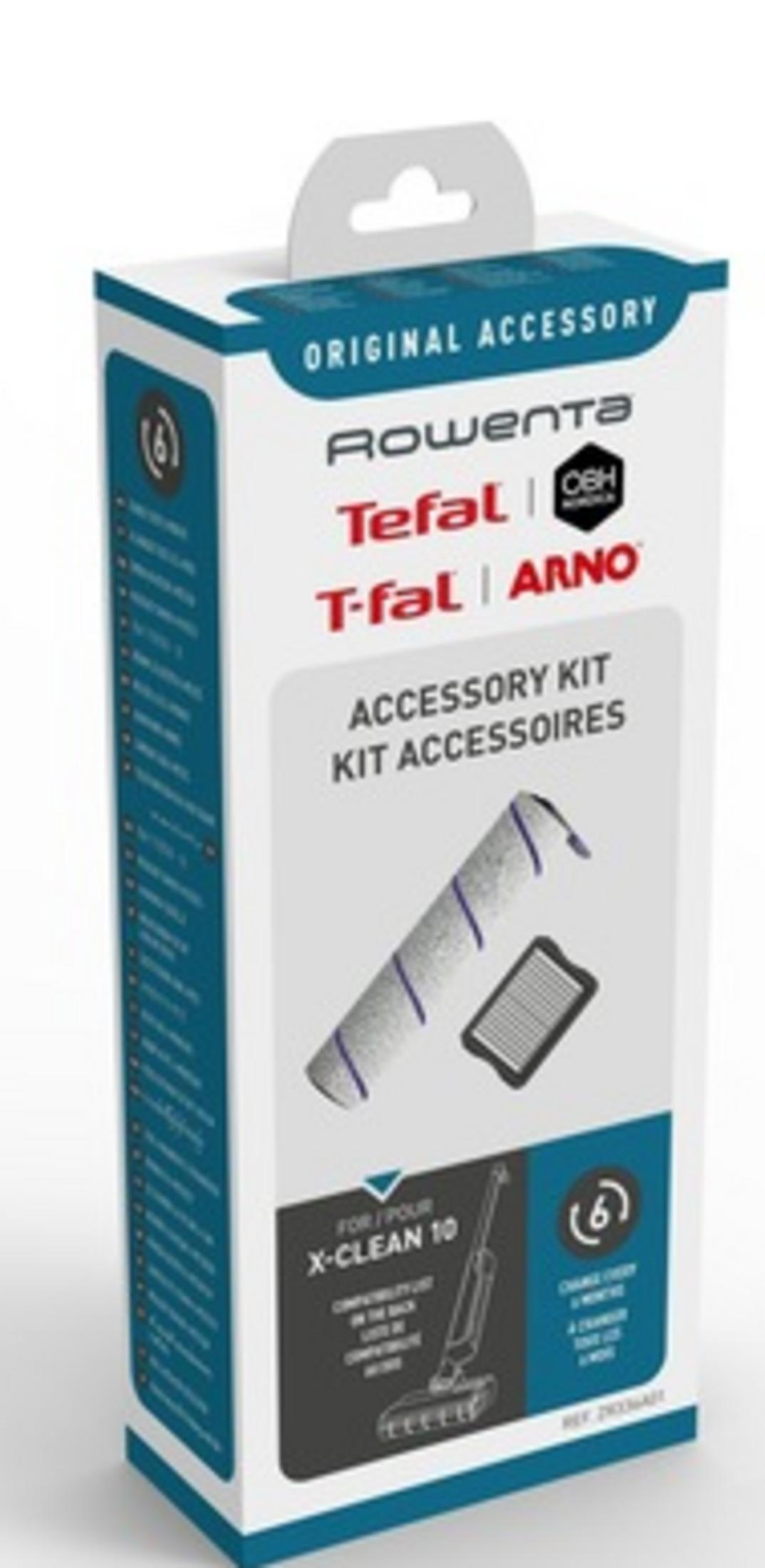 Scatola del kit accessori per aspirapolvere Tefal X-Clean 10. Include spazzola a rullo e filtro. Confezione bianca e blu.