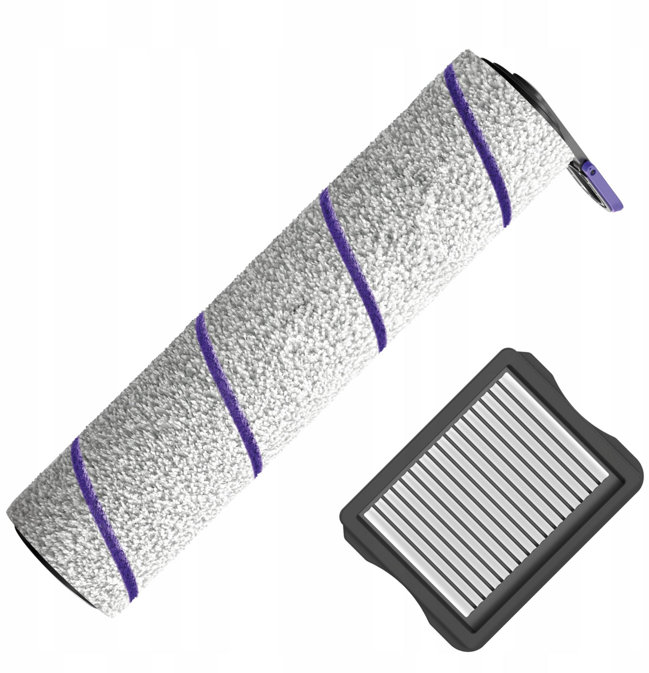 Un rullo per aspirapolvere bianco con strisce viola e un filtro nero con linee bianche su sfondo bianco.