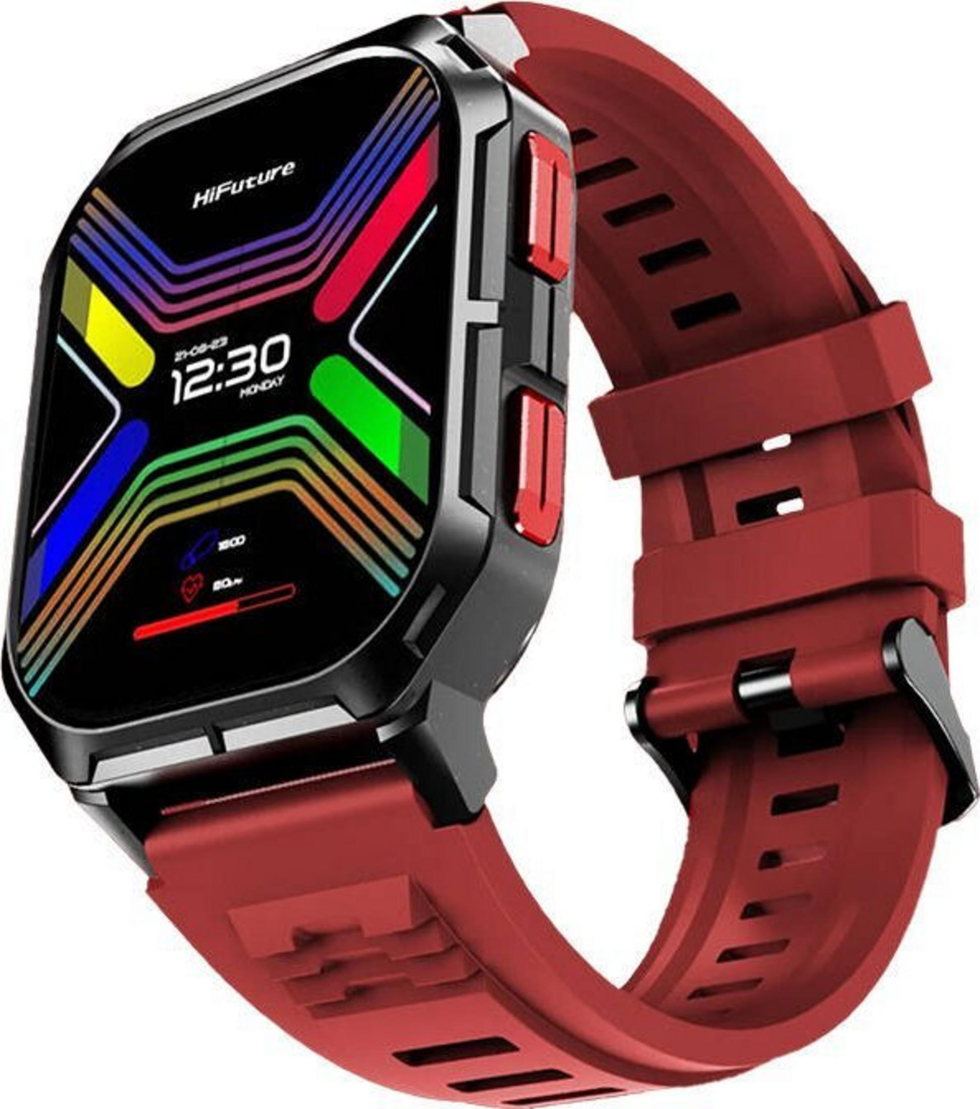 A smartwatch with a red strap. The watch face is black with colorful graphics and the time. Red buttons are on the side.