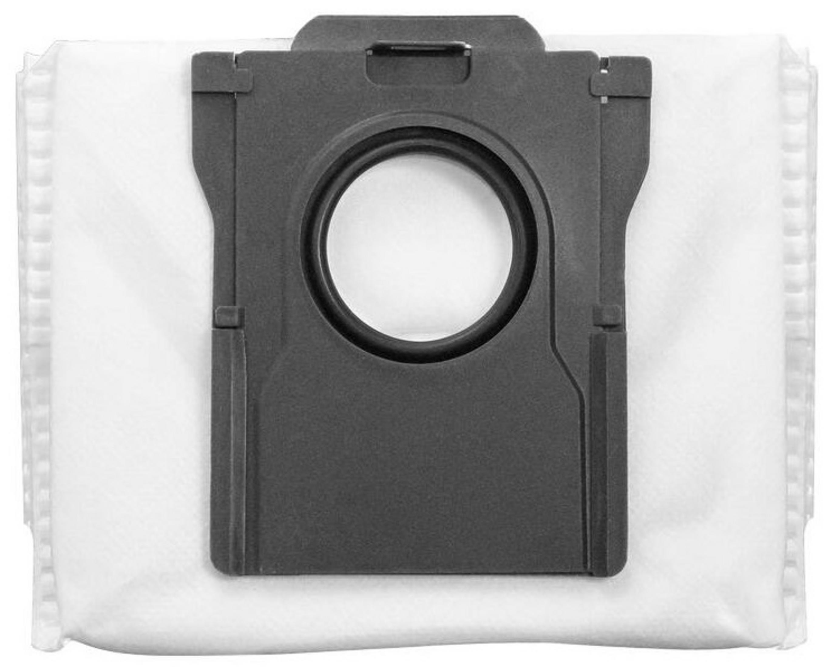 Bolsa de aspiradora con marco de plástico gris oscuro y bolsa blanca texturizada.
