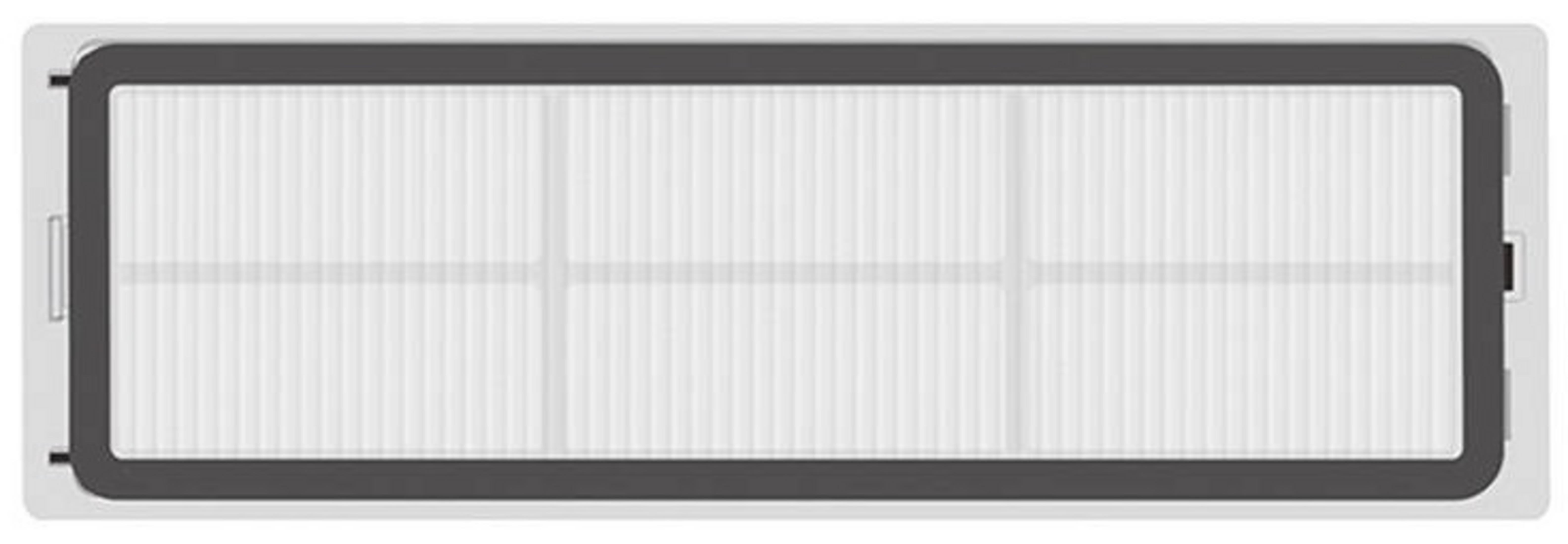 Un filtro rectangular blanco con marco gris y líneas verticales. Es un componente de una aspiradora.
