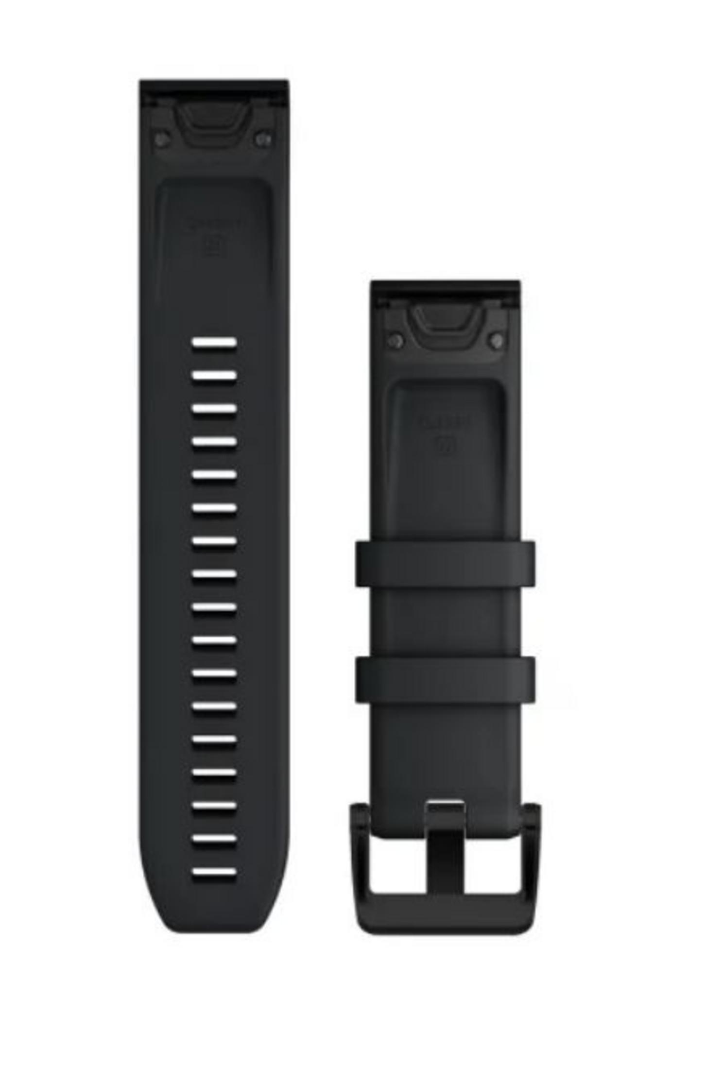 Dwa czarne paski do zegarków, jeden z pionowymi liniami, drugi z dwoma pętlami i klamrą.