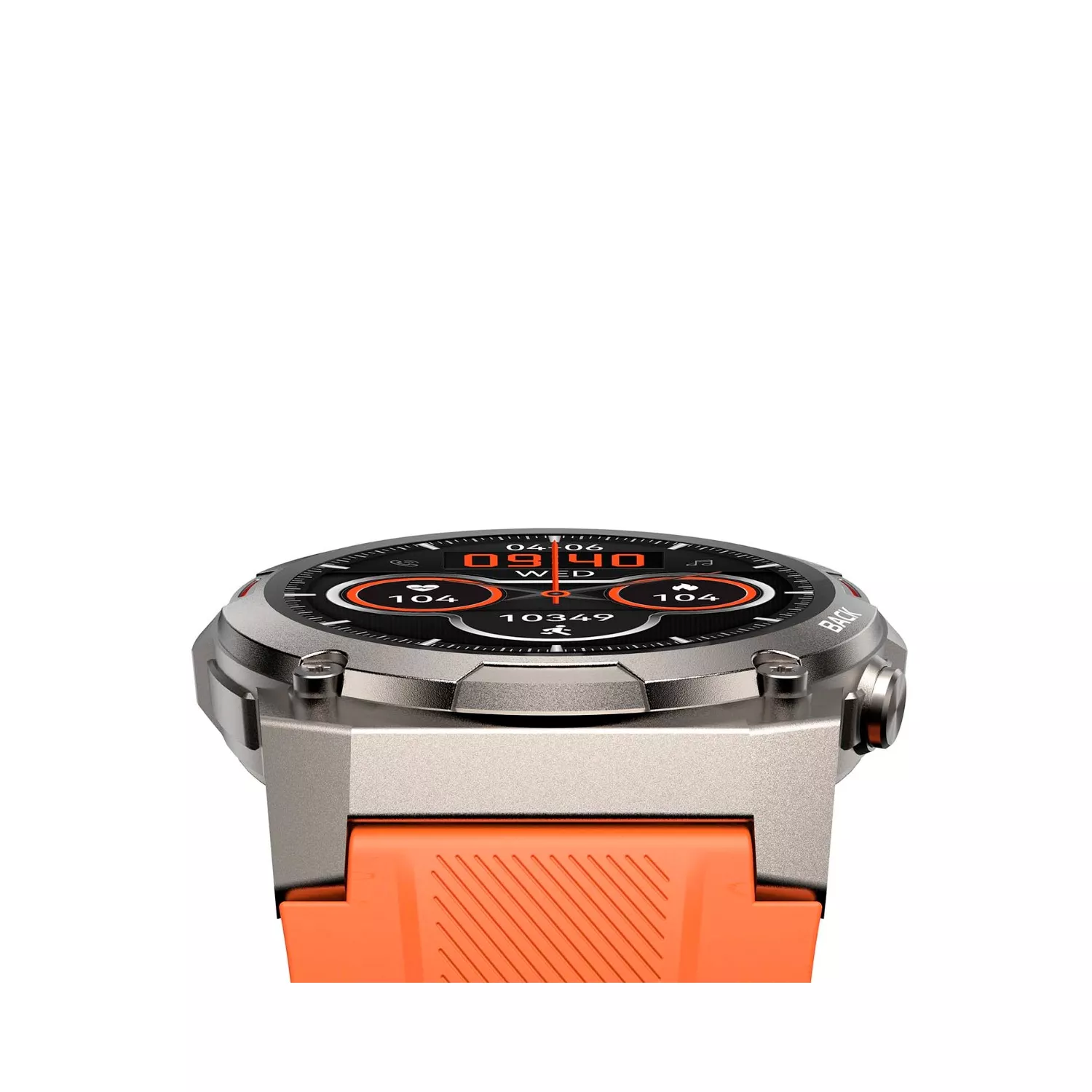 A close-up of a smartwatch with a silver frame and orange band. The watch face displays the time, steps, and heart rate.