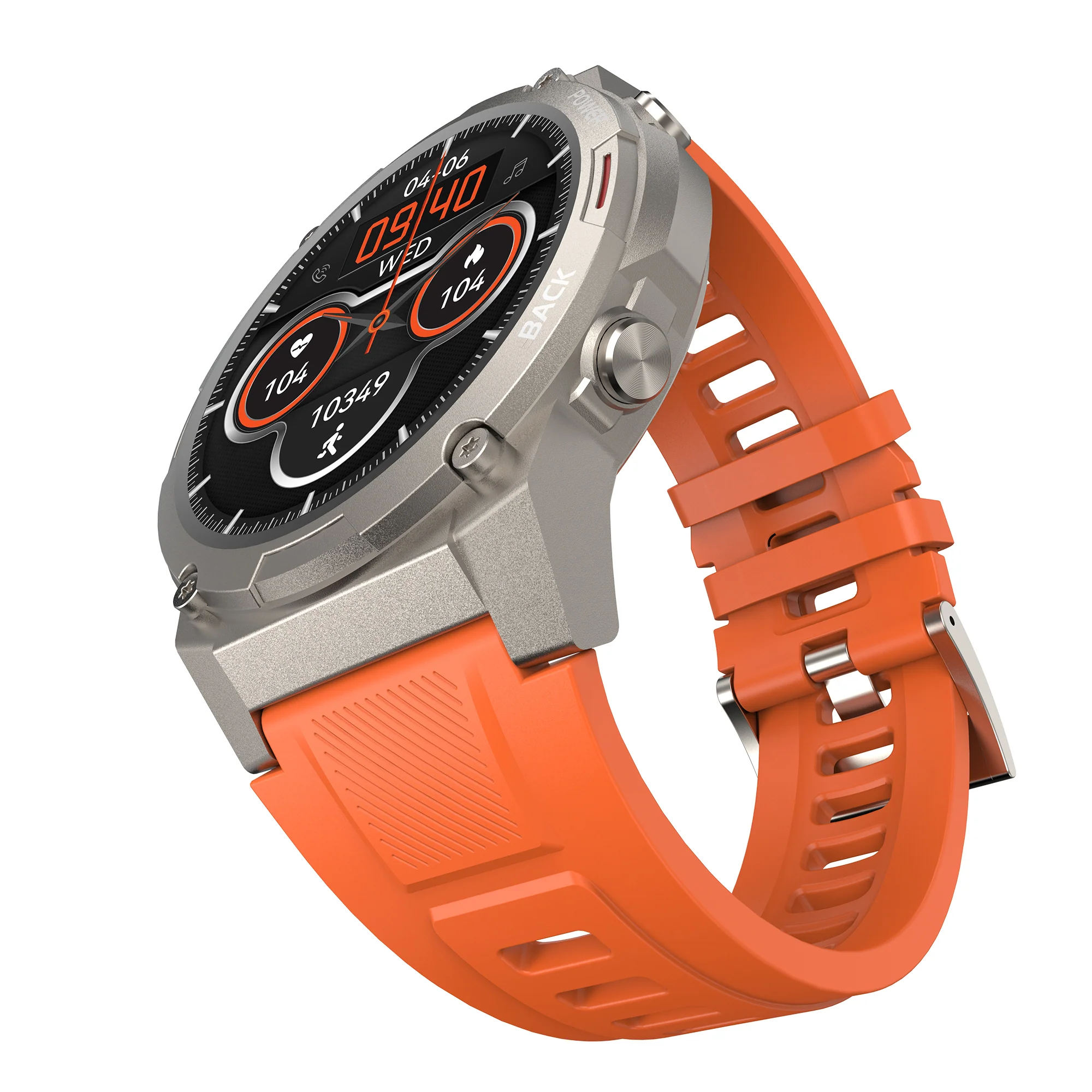 Silver smartwatch with orange strap. The watch displays time and health metrics. Isolated on a white background.