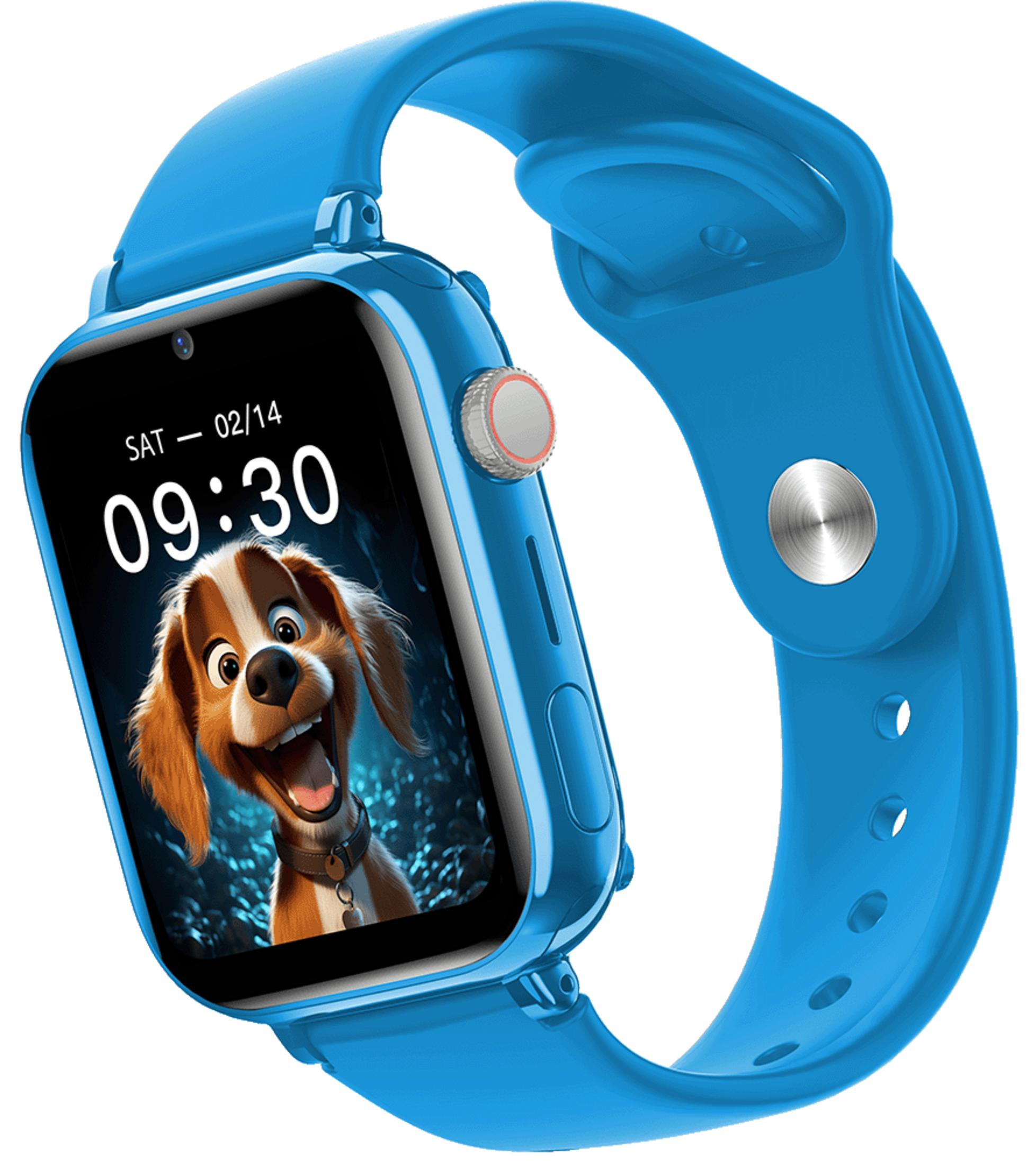 Een blauwe smartwatch toont een afbeelding van een hond. Het horloge toont datum en tijd. Blauwe band met zilveren knop.
