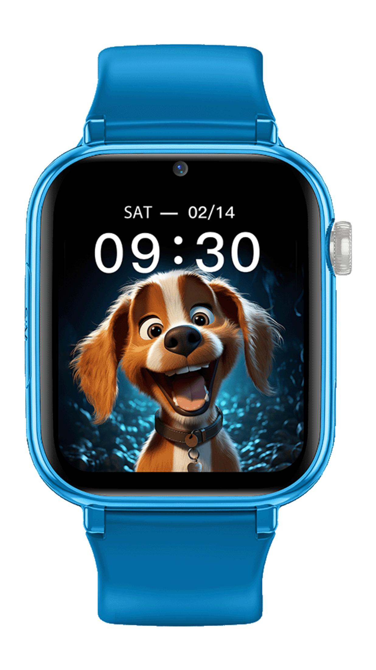 Een blauwe smartwatch met een cartoonhondengezicht op het scherm. De hond lacht. De tijd is 09:30.