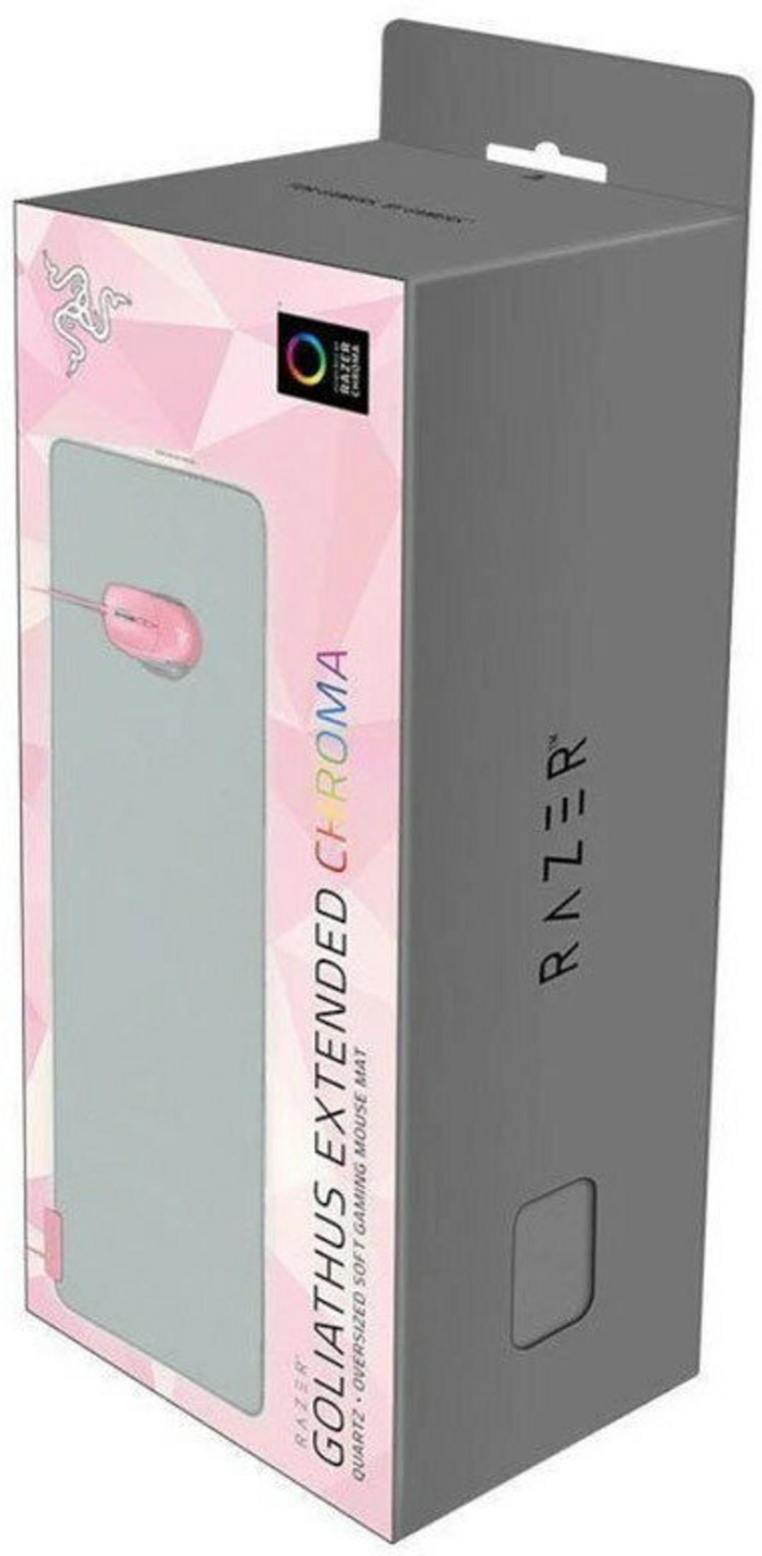 A Razer Goliatus Extended Chroma box. It displays a mouse mat with a pink mouse. The box is gray and pink.