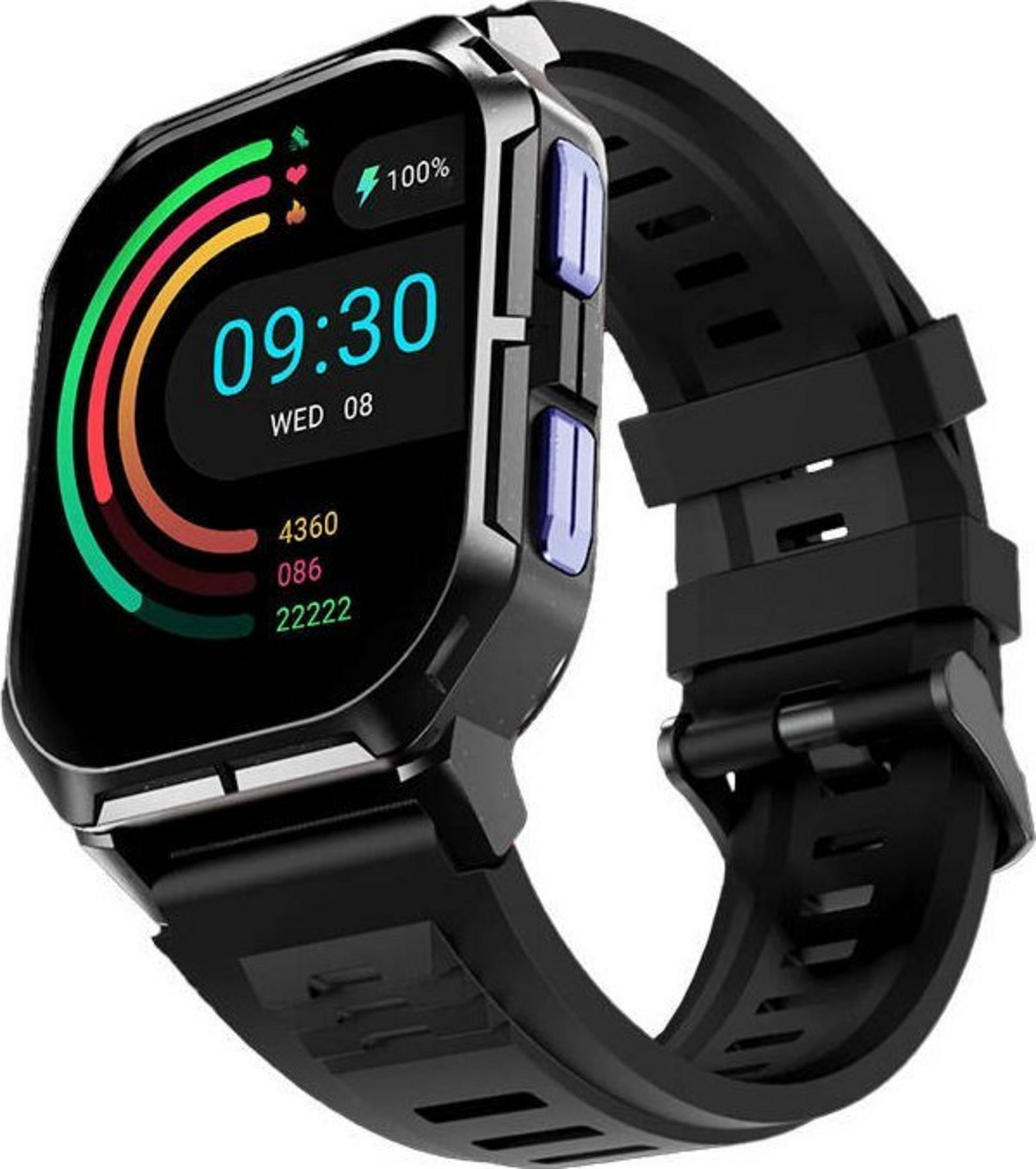 Black smartwatch with a digital display showing time, date, and health metrics. The band is black rubber.