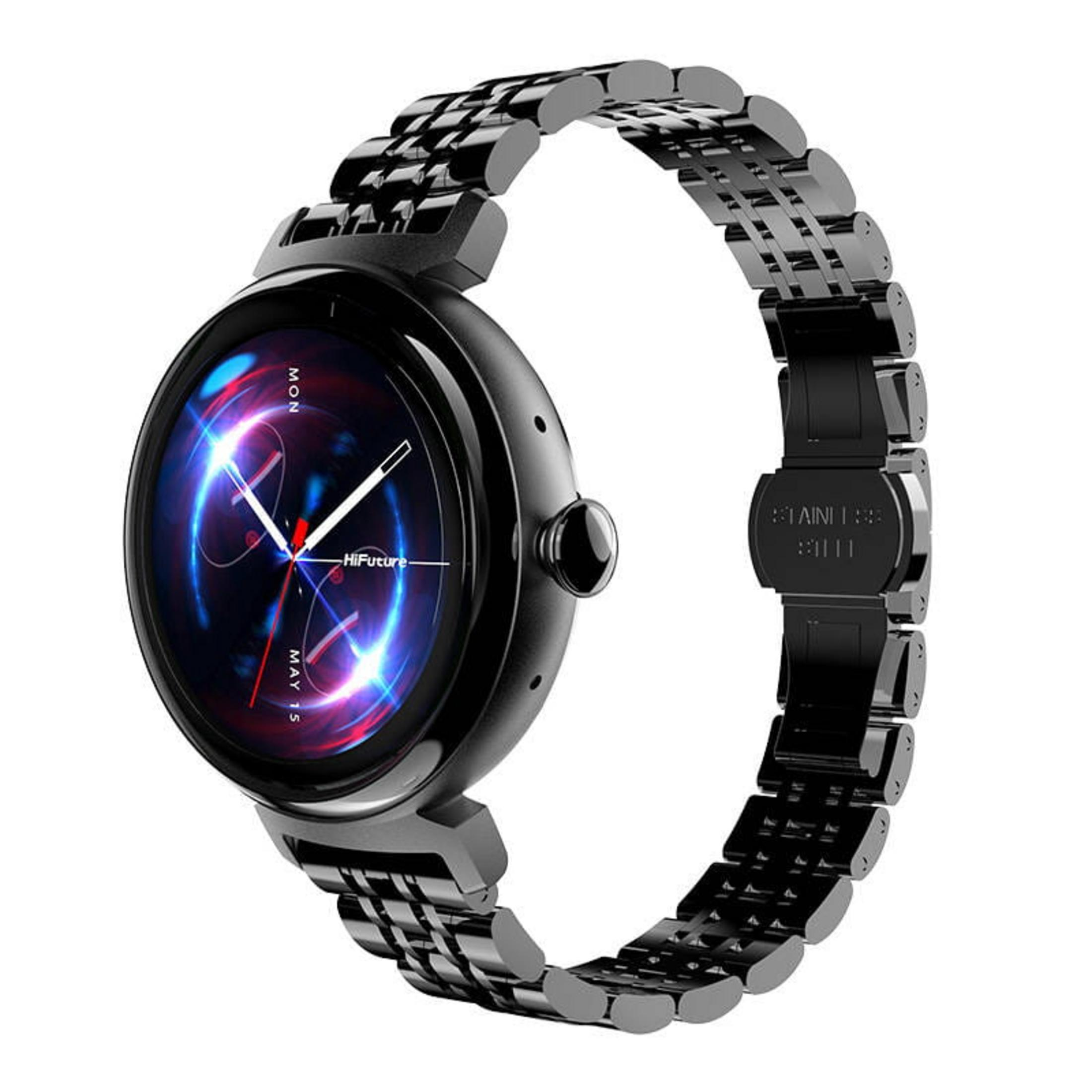 Smartwatch noire avec bracelet en métal. Le cadran affiche la date du 15 mai et le jour du lundi.