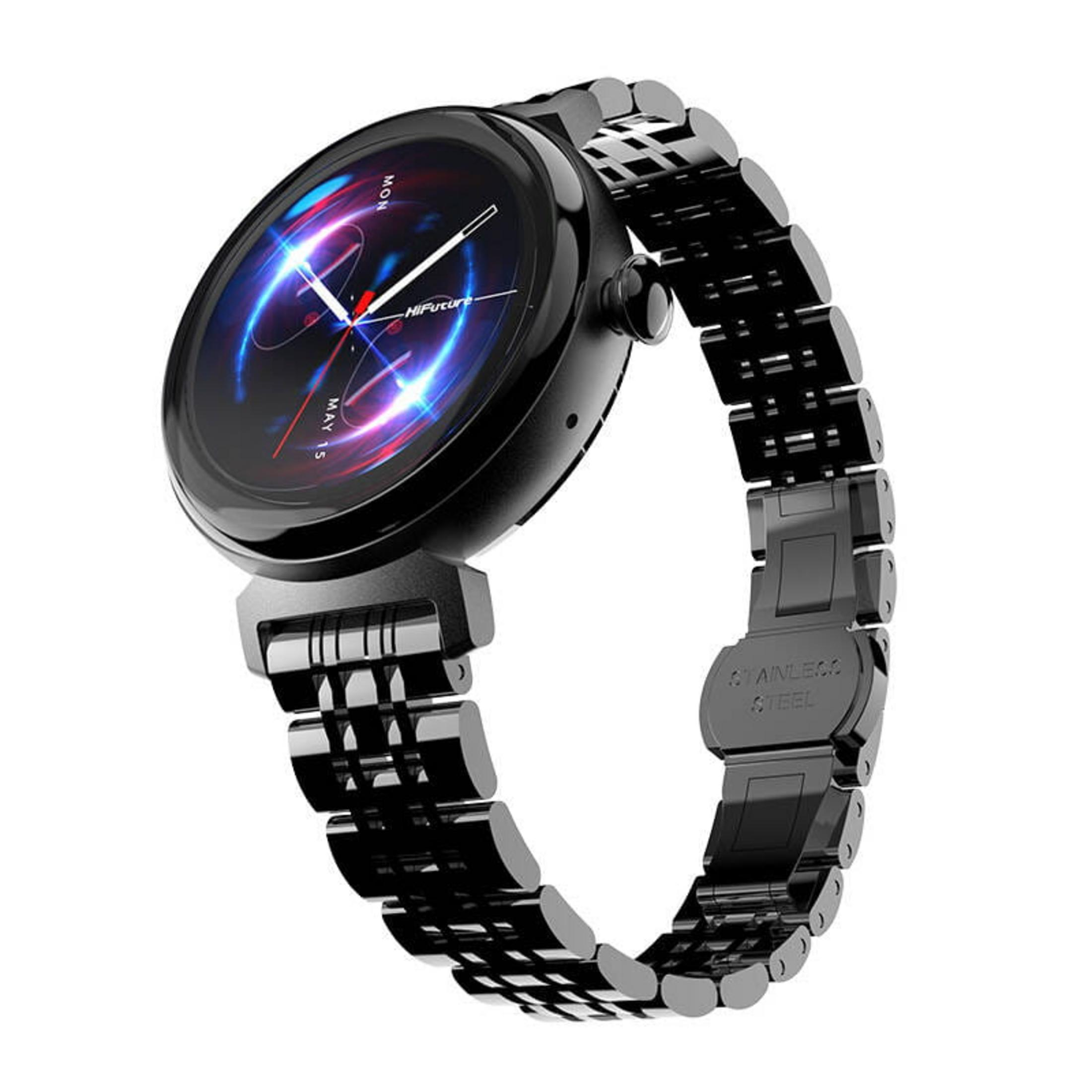 Montre connectée noire avec bracelet en métal. Le cadran affiche un écran bleu et rouge. Le bracelet indique 'acier inoxydable'.