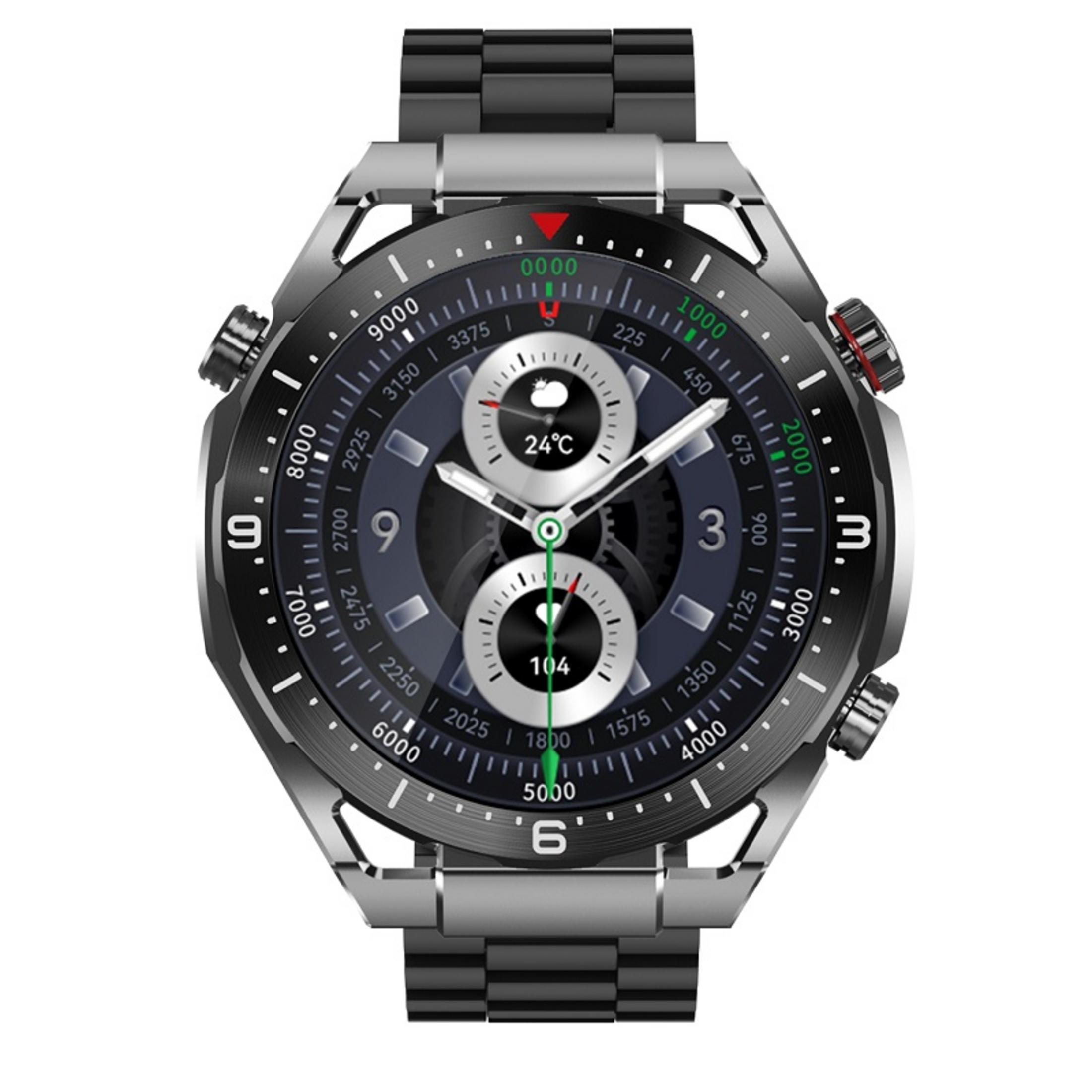 Nahaufnahme einer Smartwatch mit einem schwarzen und silbernen Metallarmband. Das Zifferblatt zeigt verschiedene Metriken an.