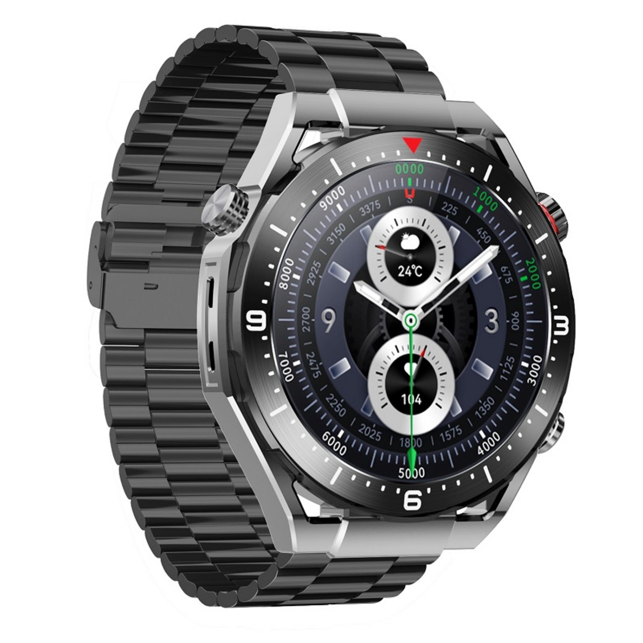 Nahaufnahme einer Smartwatch mit schwarzem und silbernem Armband. Das Zifferblatt zeigt Zahlen und zwei kleine Zifferblätter.