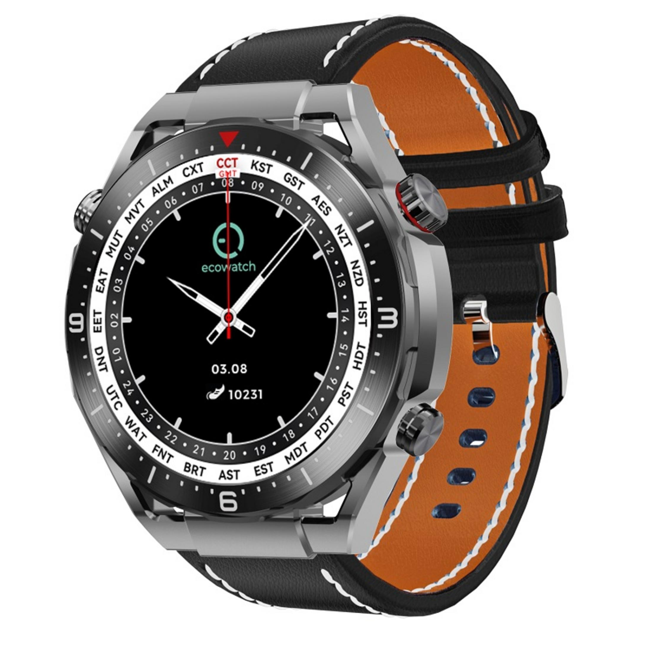 Eine Smartwatch mit schwarzem Zifferblatt, silbernem Gehäuse und einem schwarzen Lederarmband mit orangefarbener Innenseite.
