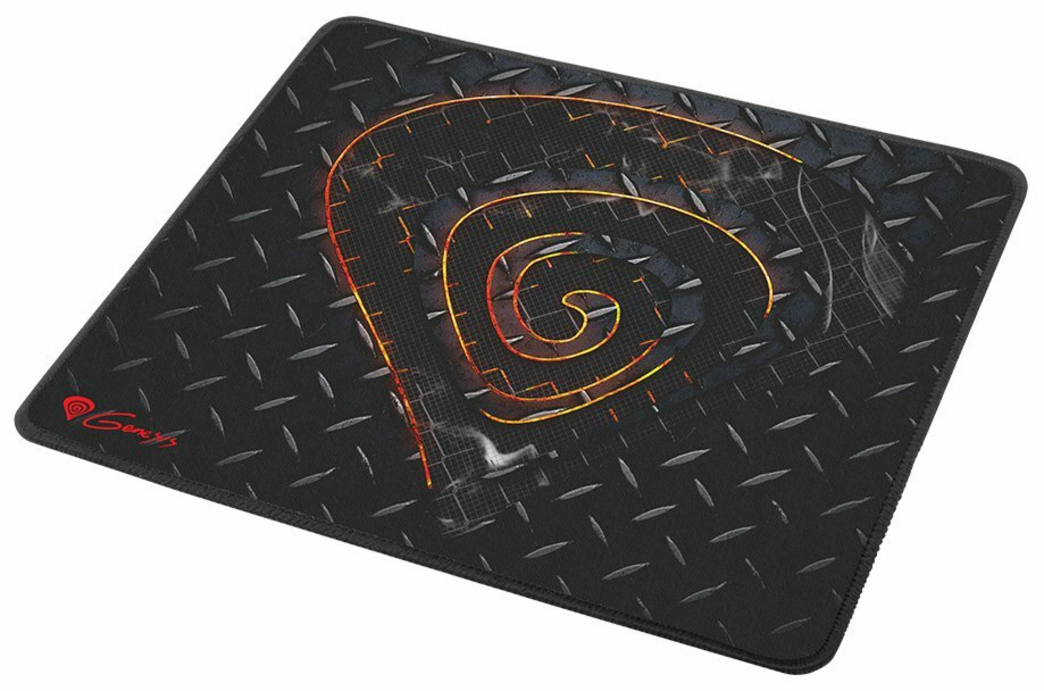 Czarna podkładka pod mysz Genesis z diamentowym wzorem. Pomarańczowy spiralny design w środku i logo Genesis po lewej.