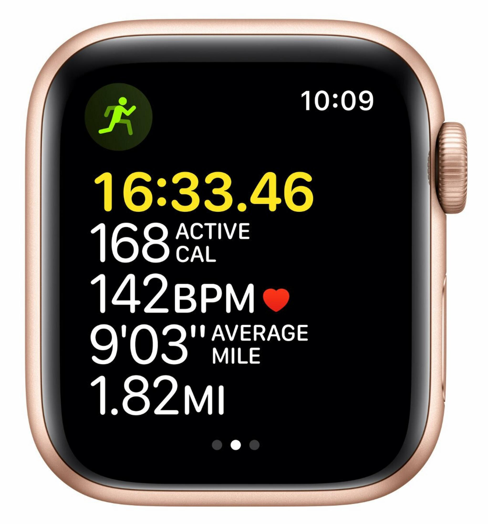 Złoty Apple Watch wyświetla statystyki biegu. Godzina to 10:09, czas biegu 16:33.46, 168 kalorii, 142 BPM, 9'03 średnia mila, 1,82 mili.