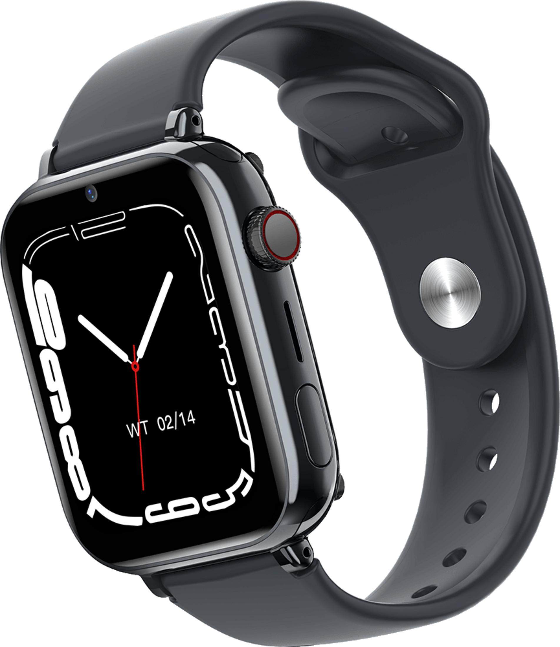 Ciemnoszary smartwatch z czarnym ekranem wyświetlającym godzinę. Pasek jest również ciemnoszary.