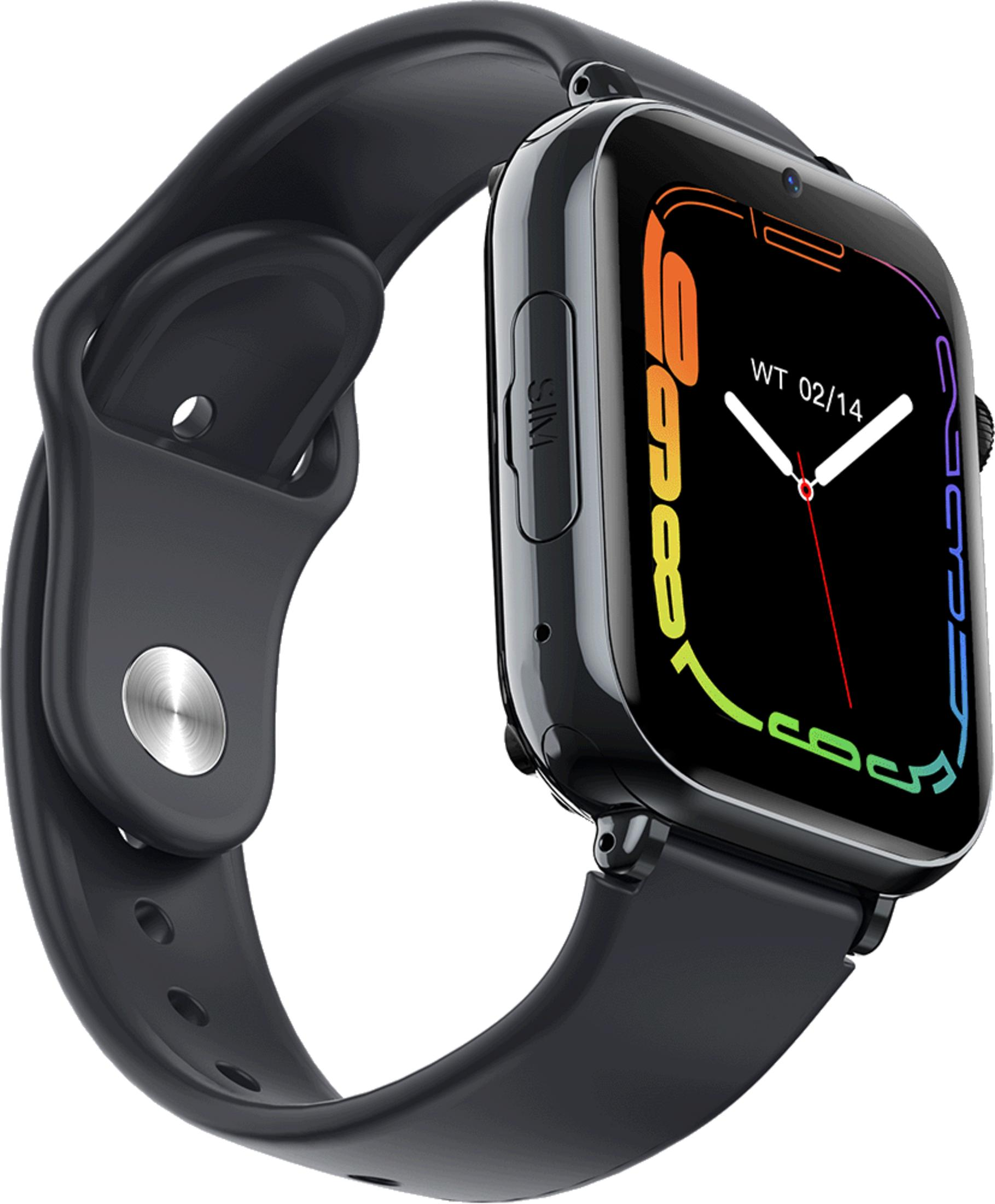 Czarny smartwatch z zakrzywionym ekranem, czarnym paskiem i kolorowym wyświetlaczem. Zegarek pokazuje godzinę i datę.