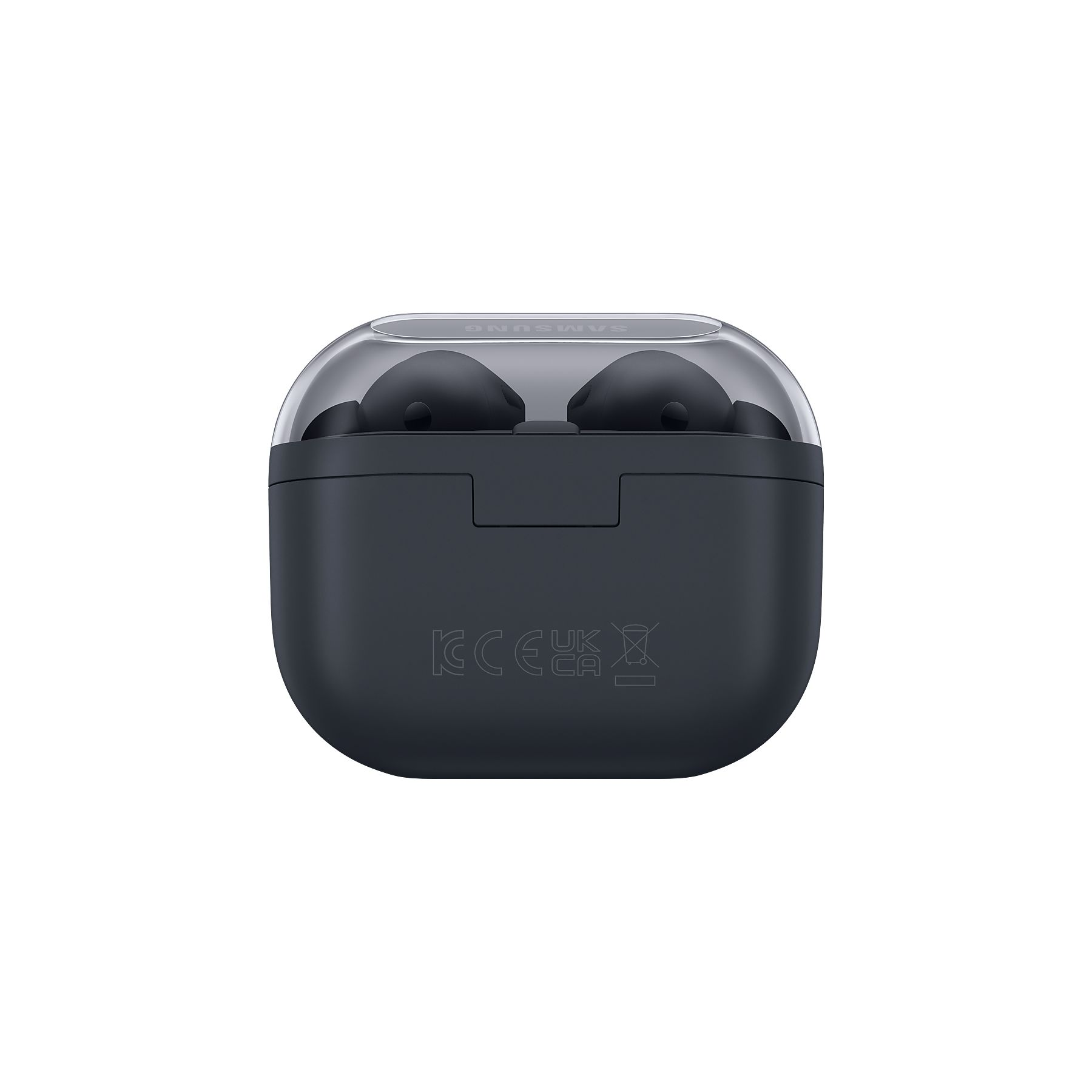 İçinde iki siyah kulaklık bulunan koyu gri şarj kutusu,  şeffaf kapak. Samsung logosu görünür. Beyaz arka plan.