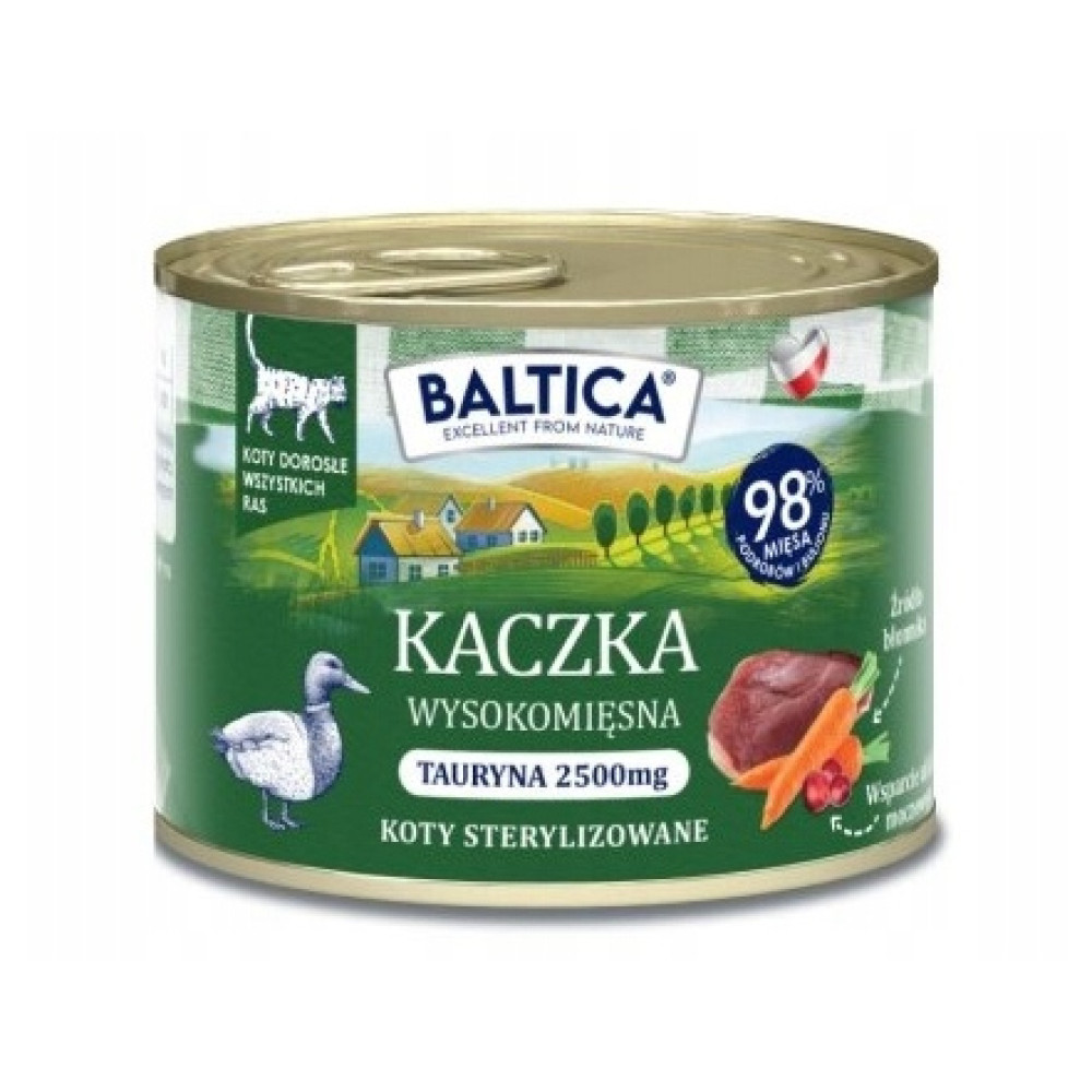 Puszka karmy dla kotów z kaczką. Etykieta przedstawia ilustrację kaczki, markę Baltica i informację, że karma jest dla dorosłych kotów. Zawiera 98% mięsa.