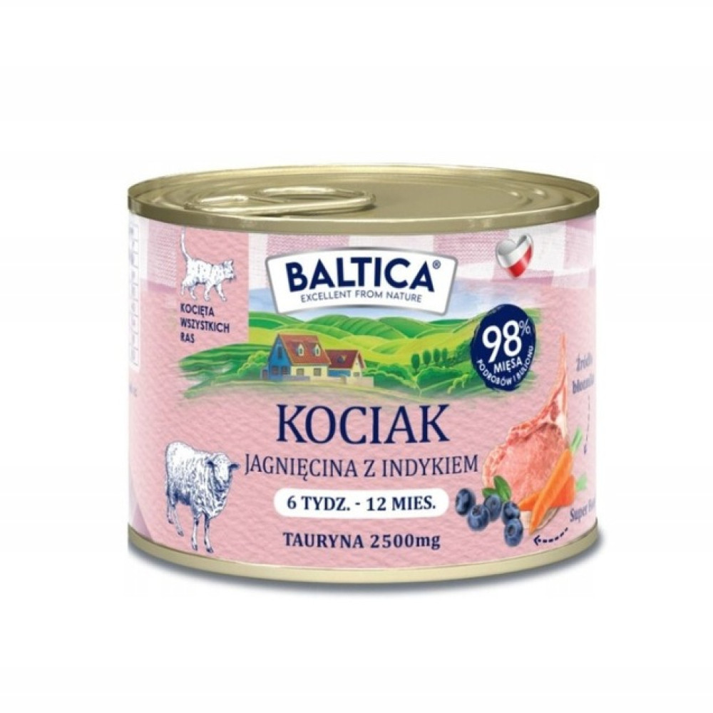 Puszka karmy dla kotów z napisem 'Baltica'. Przedstawia jagnięcinę, kota i krajobraz. Tekst zawiera 'Kocak'.