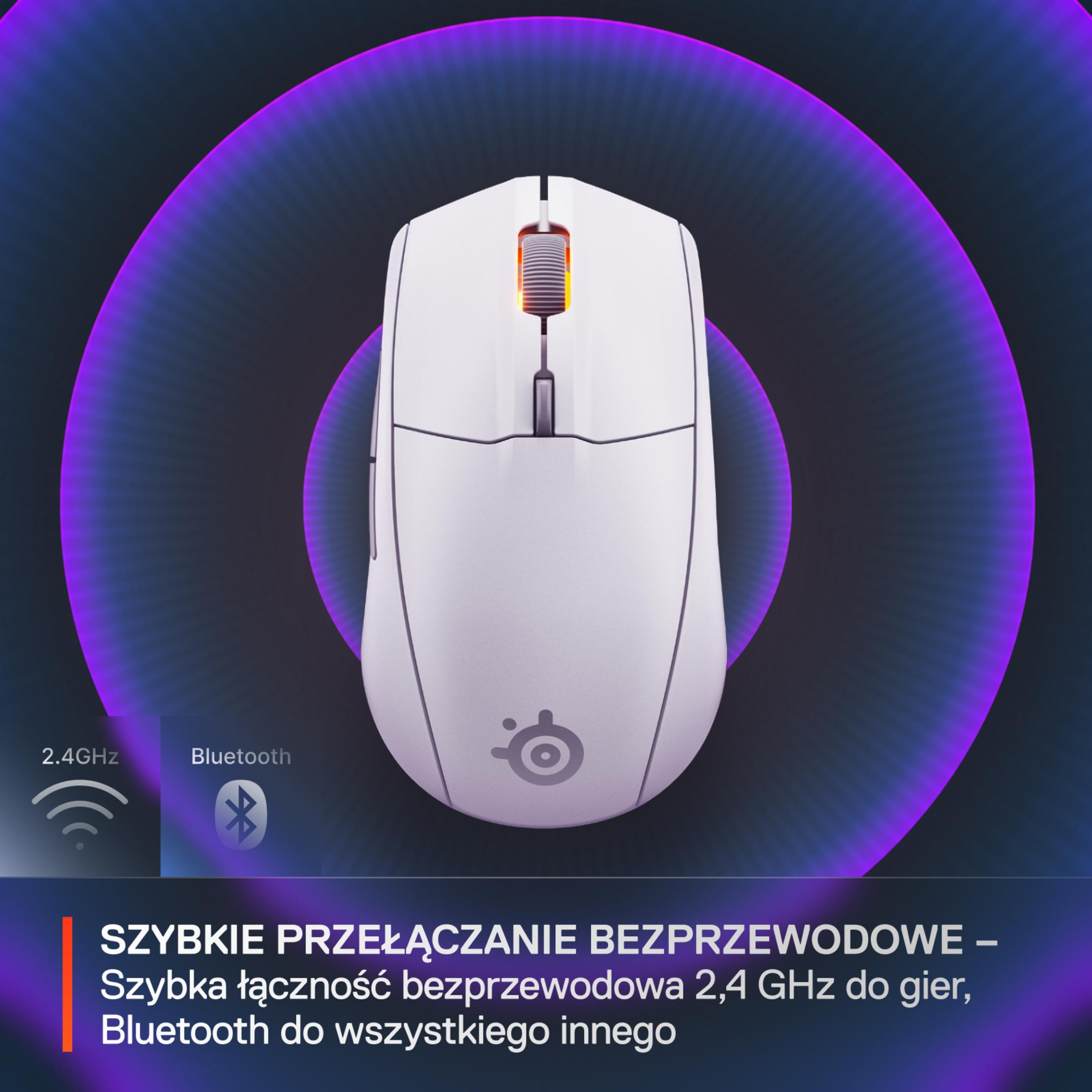 Eine weiße kabellose Maus mit leuchtendem Scrollrad auf dunklem Hintergrund mit blauen und violetten Lichteffekten.