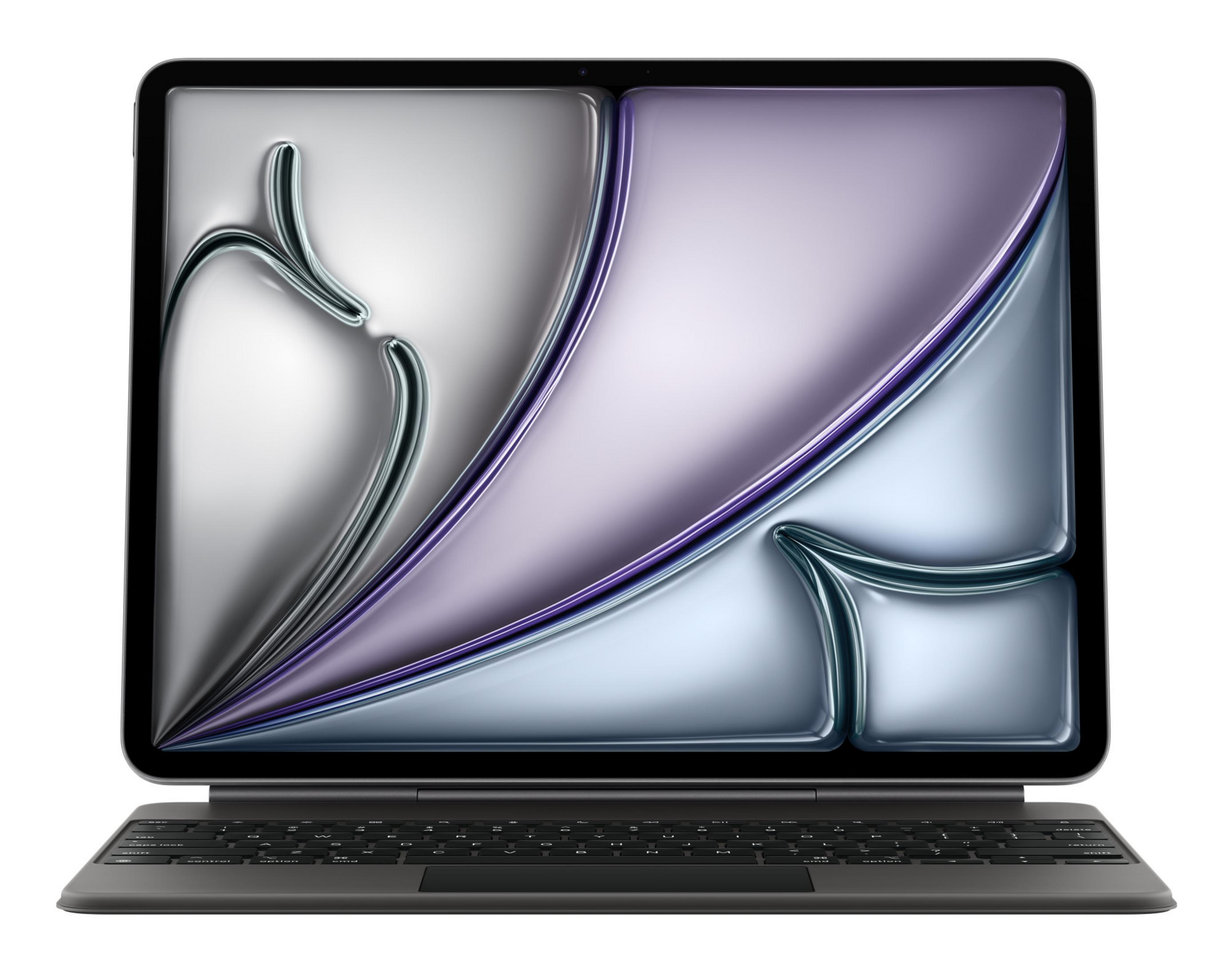 Un tablet con tastiera. Lo schermo ha un design lucido e astratto in argento, viola e blu.