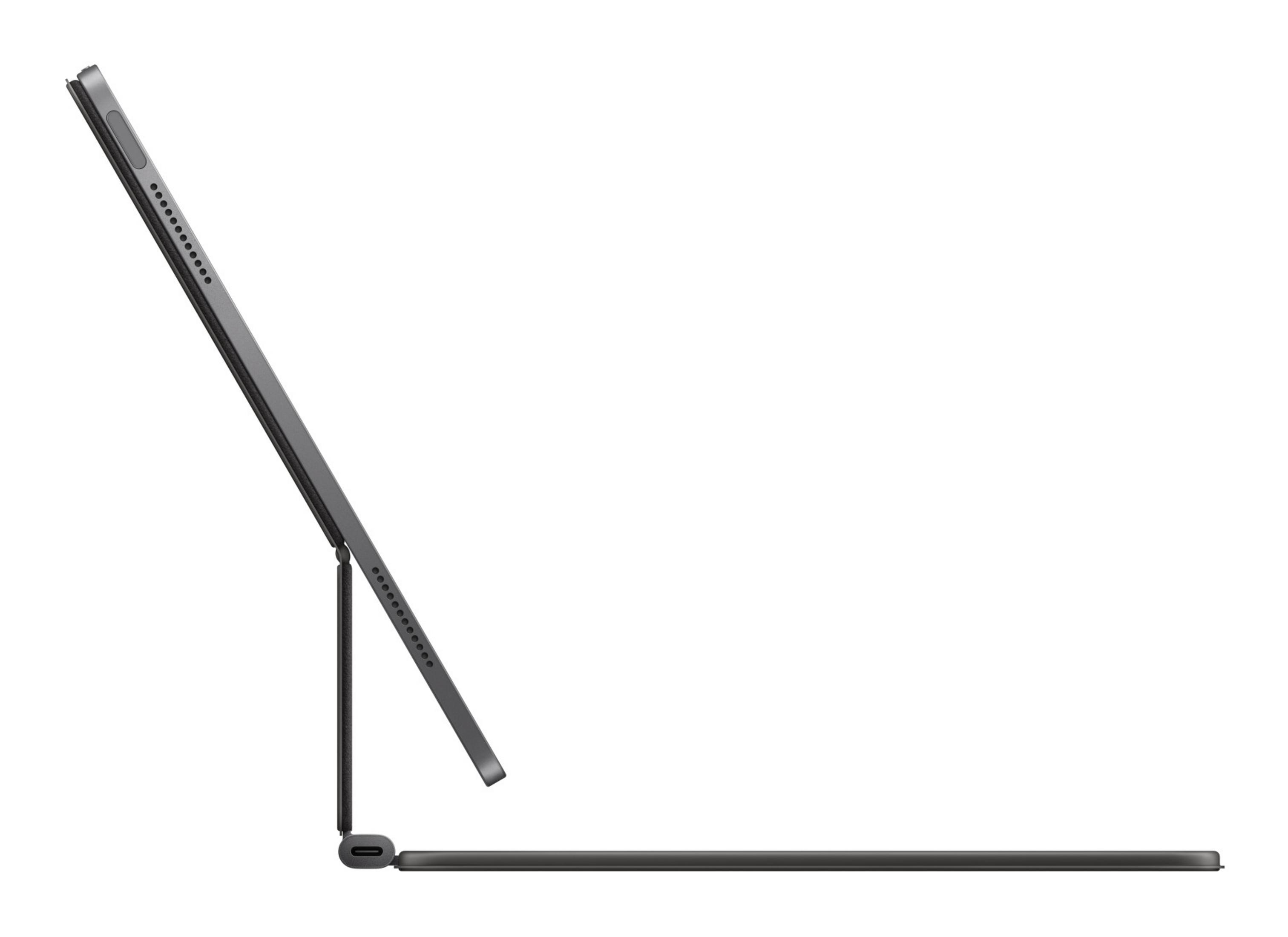 Un tablet grigio con una cover per tastiera, aperto ad angolo su sfondo bianco.